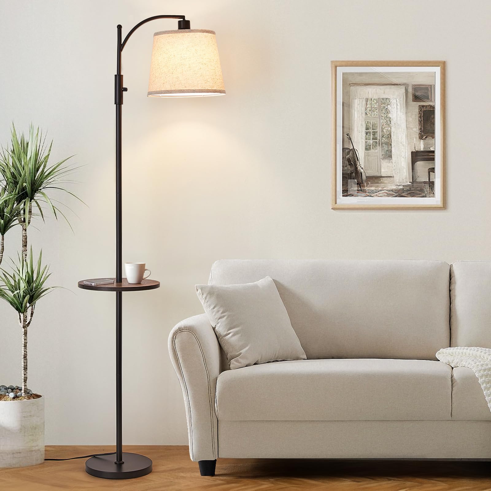 AIDENOEY Fully Dimmable Floor Lamp for Living Room，Standing Lamp Rotary Switch with Table&Linen Beige Shade，Black Tall Lamps for Bedroom with Adju