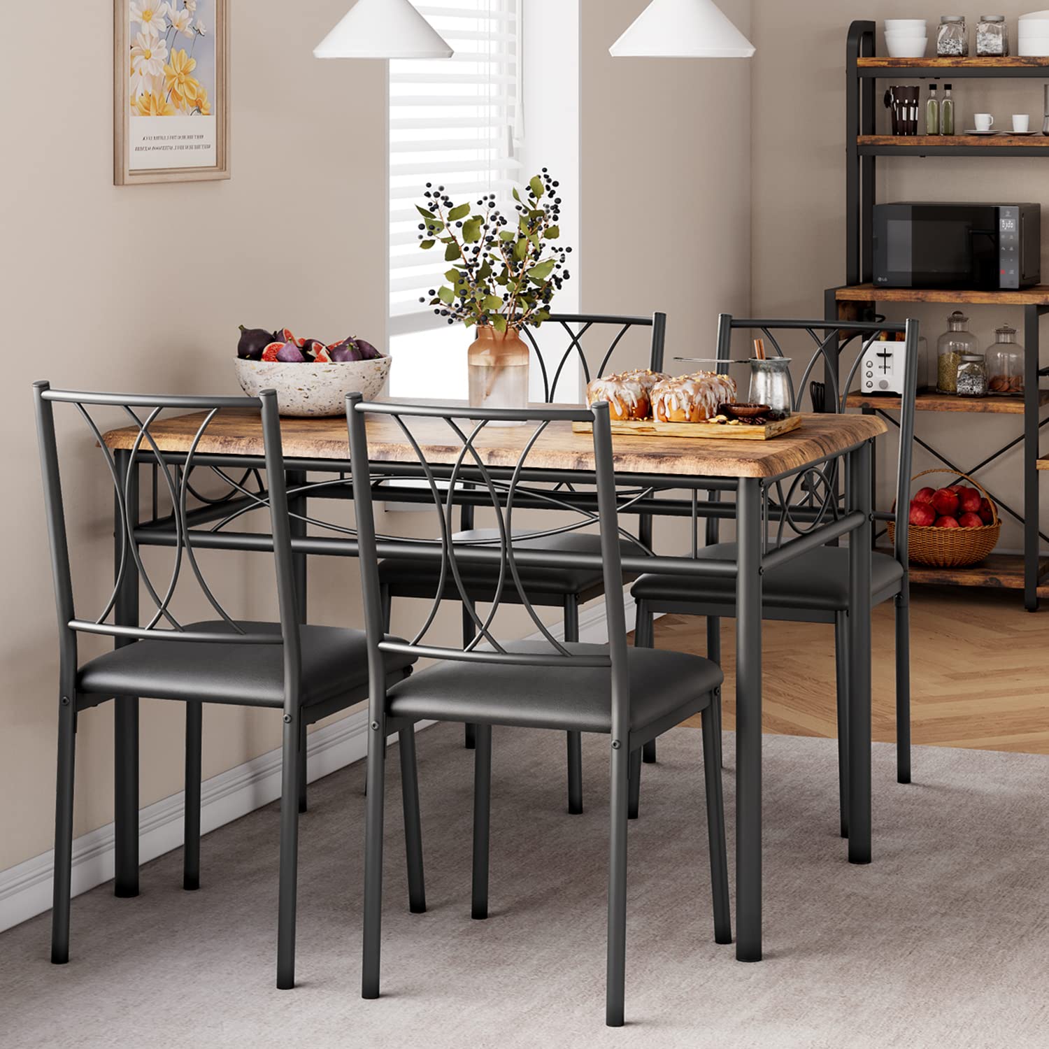 Garvee Kitchen Table Set Retro Cozy Chairs Metal Frame - Retro Brown