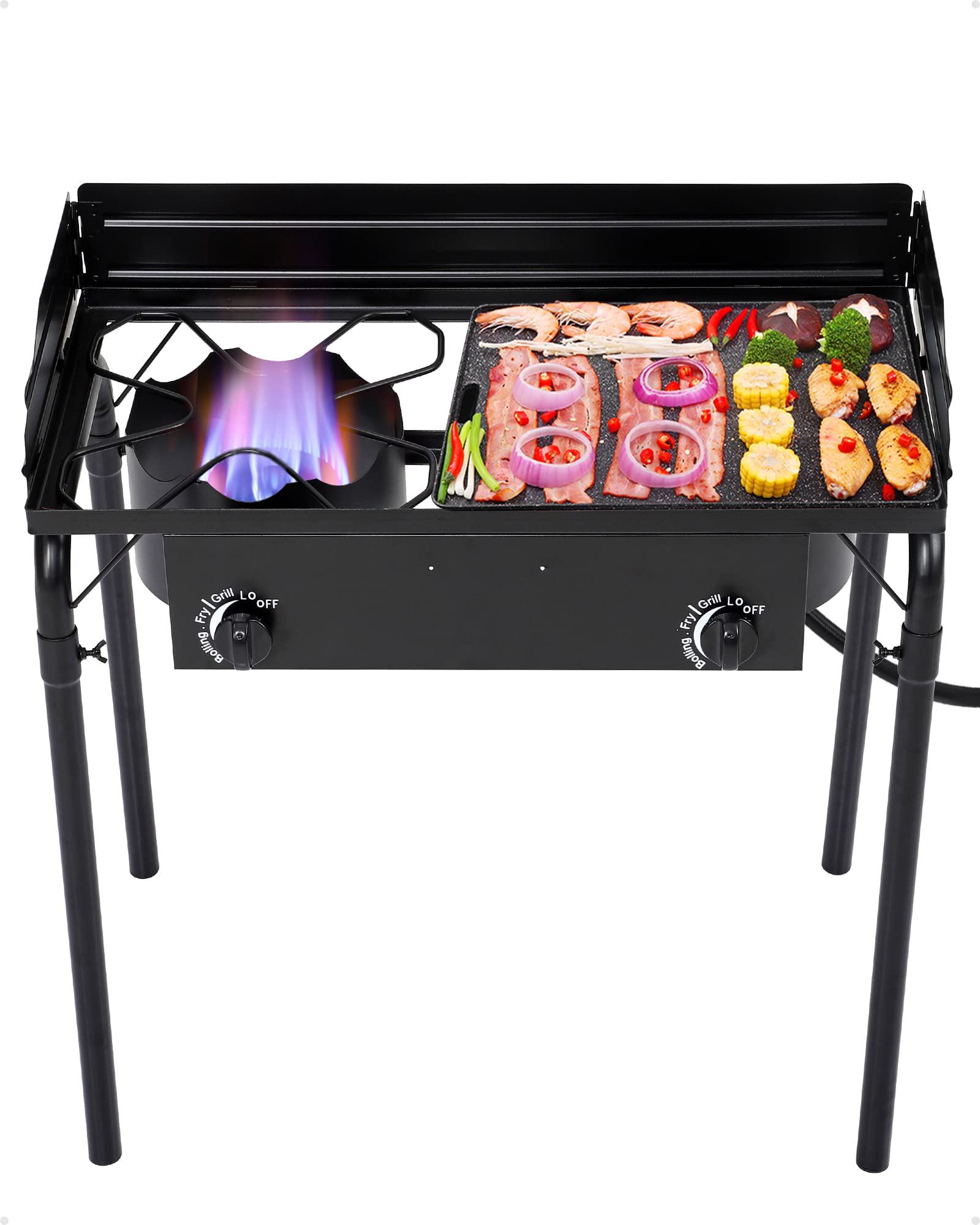Garvee Portable Double Burner Stove, 31"x16" Heavy Duty Outdoor Dual Propane with Windscreen and Detachable Legs Stand for Camp Cooking