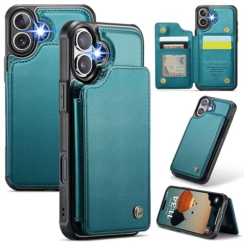 for iPhone 16 Case with RFID Blocking and 4 Credit Card Holder, Premium Durable Slim Leather Magnetic Clasp Kickstand Heavy Duty Shockproof Protective
