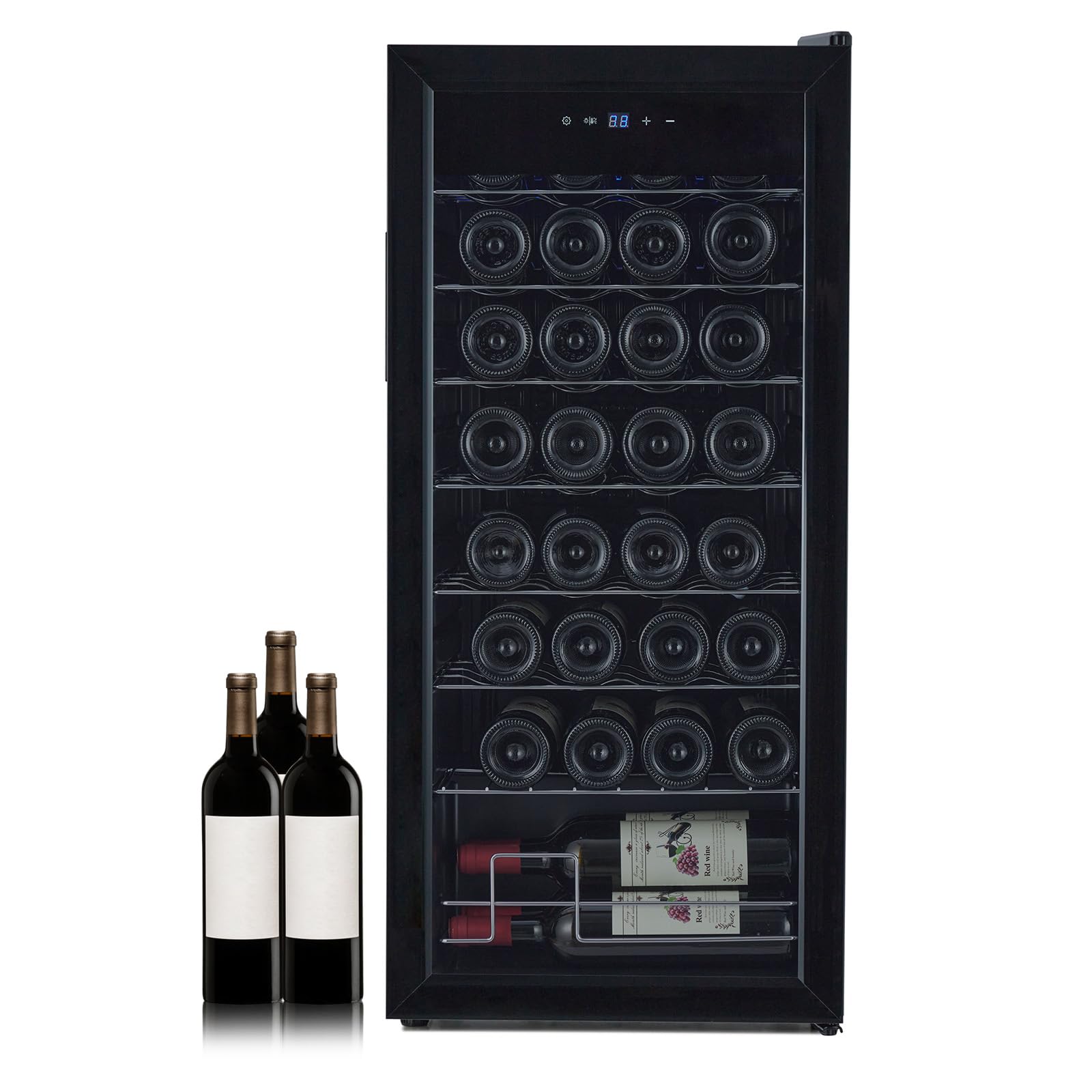 Garvee 32 Bottles Compressor Wine Cooler Refrigerator, 41℉-64℉ Freestanding Wine Cellar, Compact Design, Single Glass Door, Digital LED Touch Control,