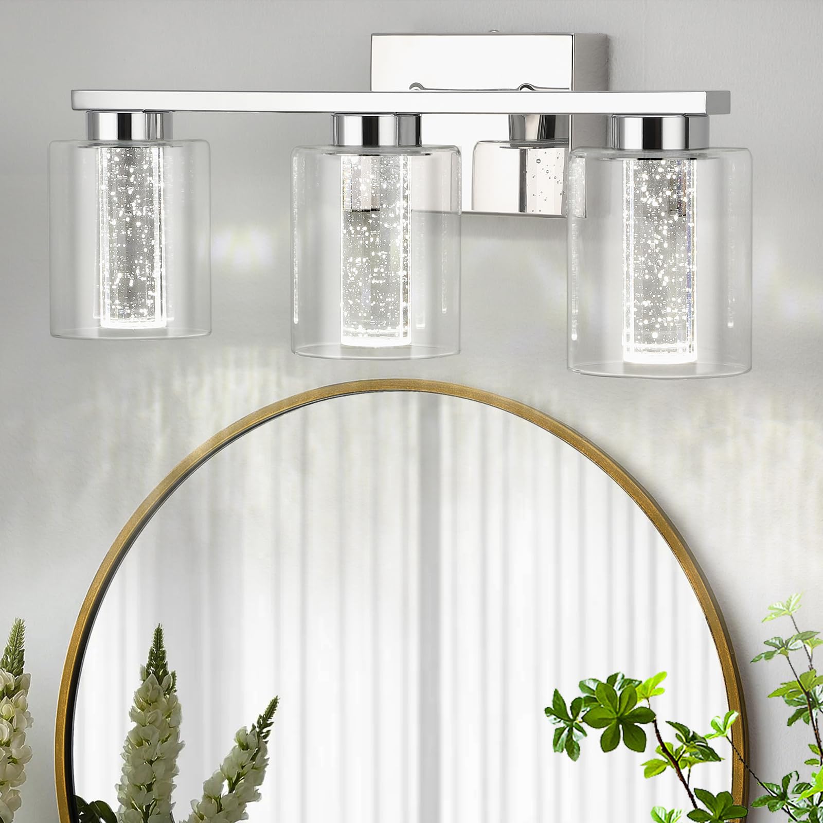 Garvee 3-Light Bathroom Light Fixtures, Chrome Bathroom Vanity Light - 3 Color Dimmable Vanity Lights with Crystal Bubble, Bathroom Lighting Fixtures 