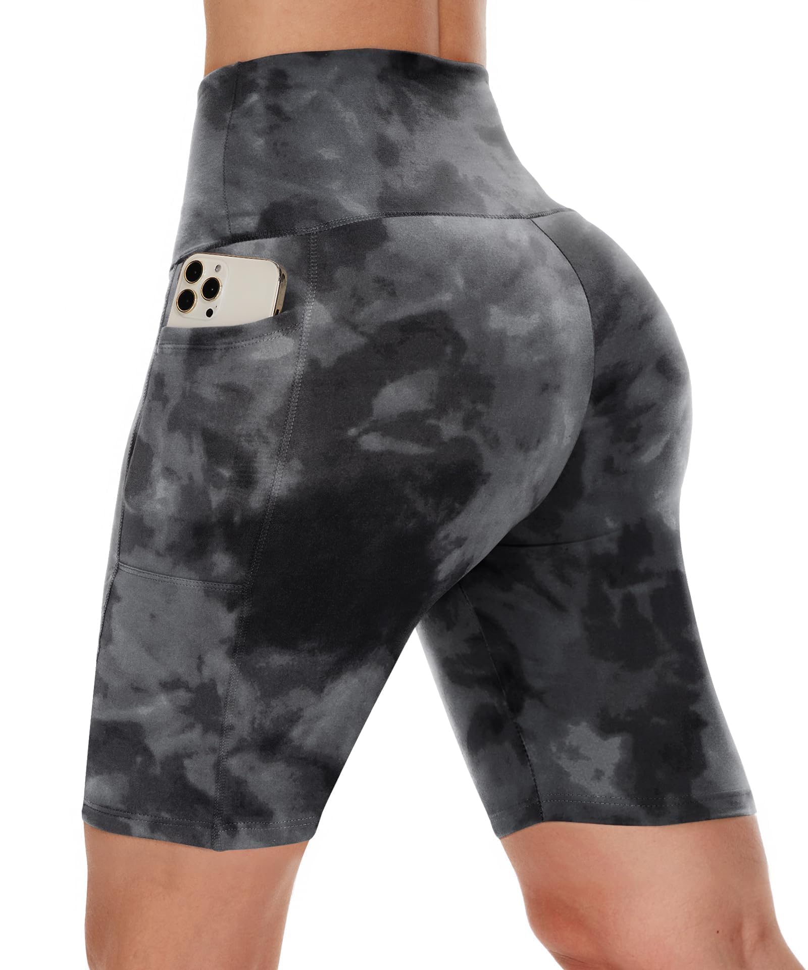 CAMPSNAIL Biker Shorts Women with Pockets - 3"-5"-8" High Waisted Workout Spandex Tummy Control Gym Running Yoga Shorts 8 IN Large-X-Large Tie Dye Bla