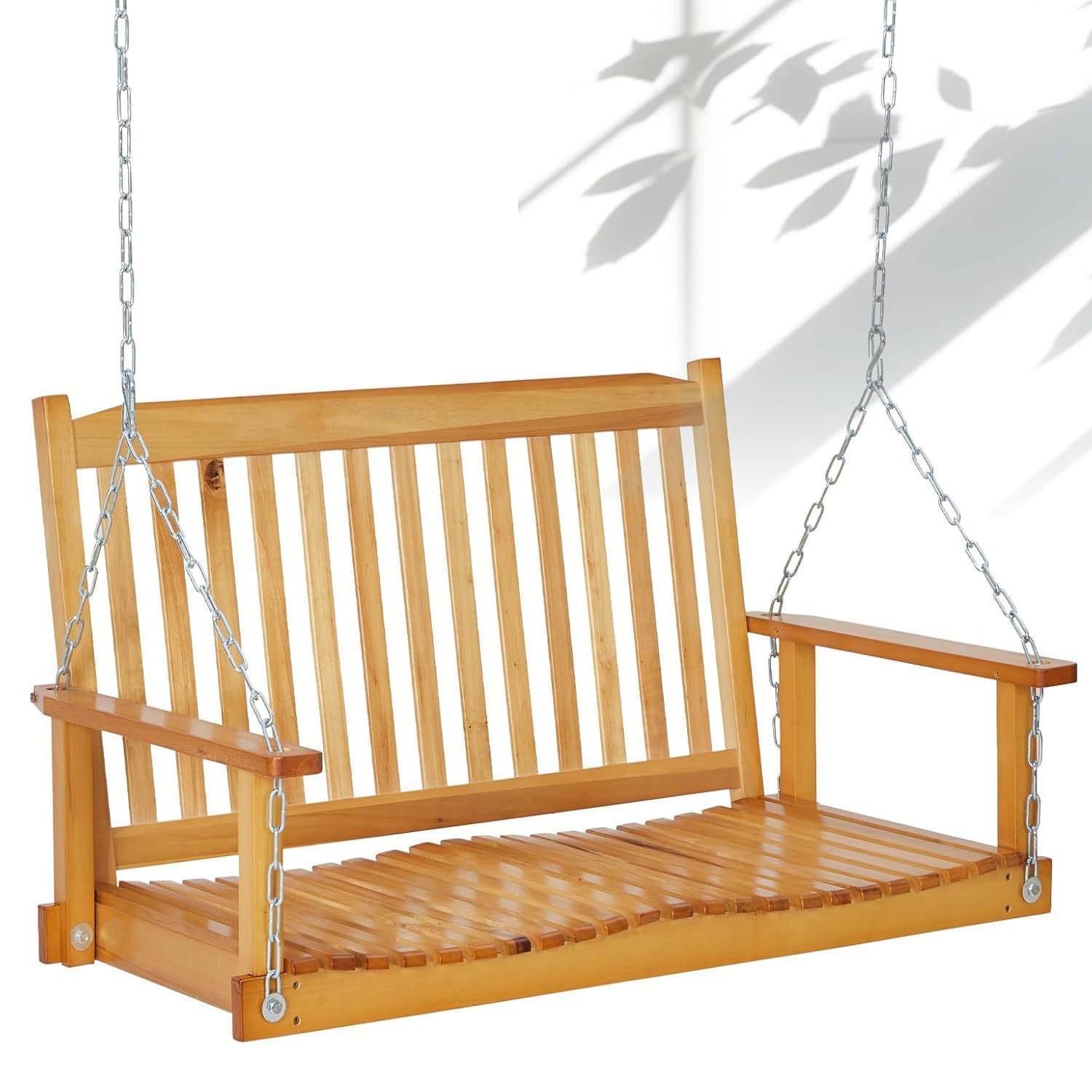Garvee 2 Seater Outdoor Wooden Porch Swing - Heavy Duty 440 lbs Capacity, Two-Person Patio Swing with Hanging Chains for Garden, Deck & Backyard, Rust