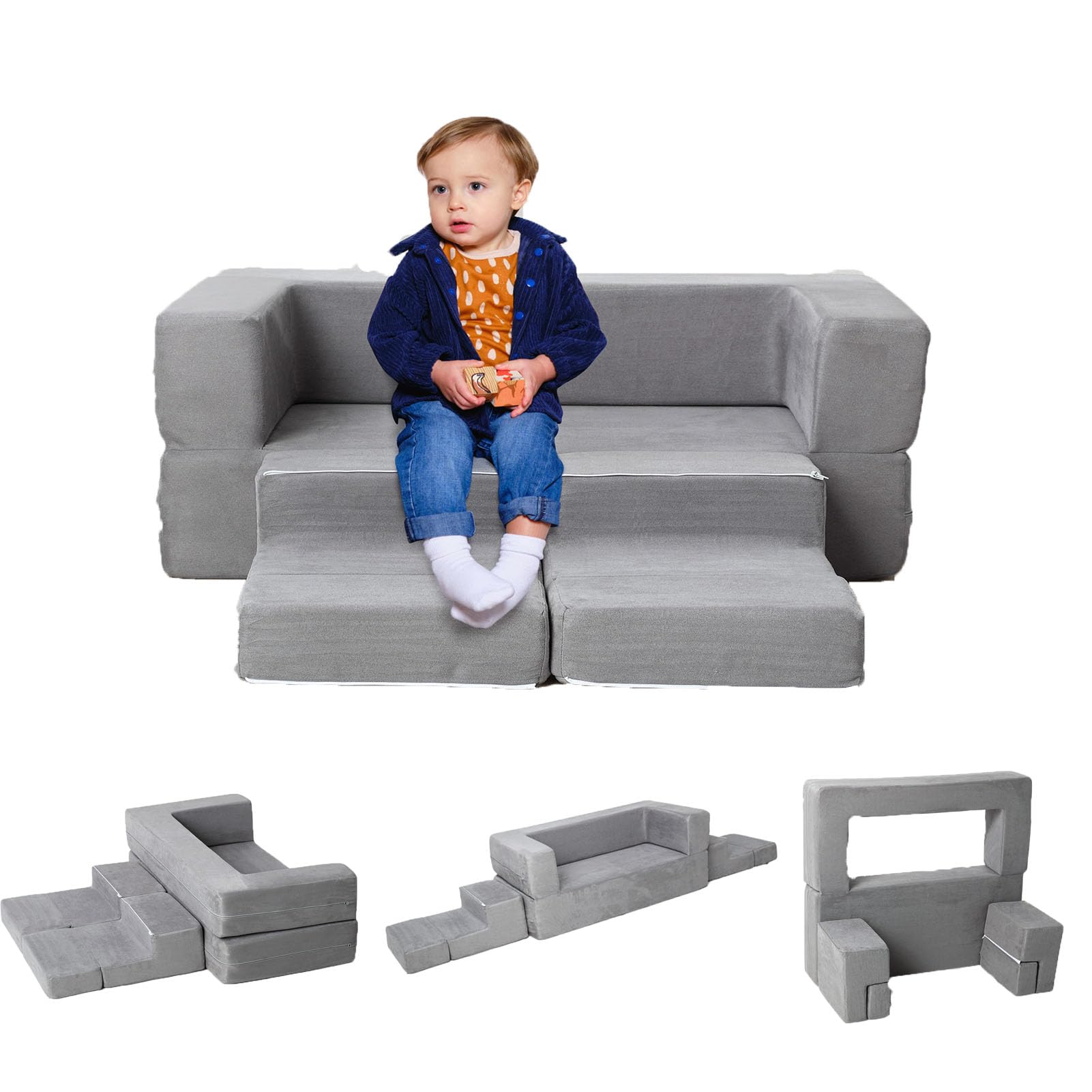 Garvee Modular Kids Couch for Toddler Playroom, Bedroom Imaginative Furniture, Kids Sofa for Playing, Sleeping, Toddler Girls and Boys, Grey