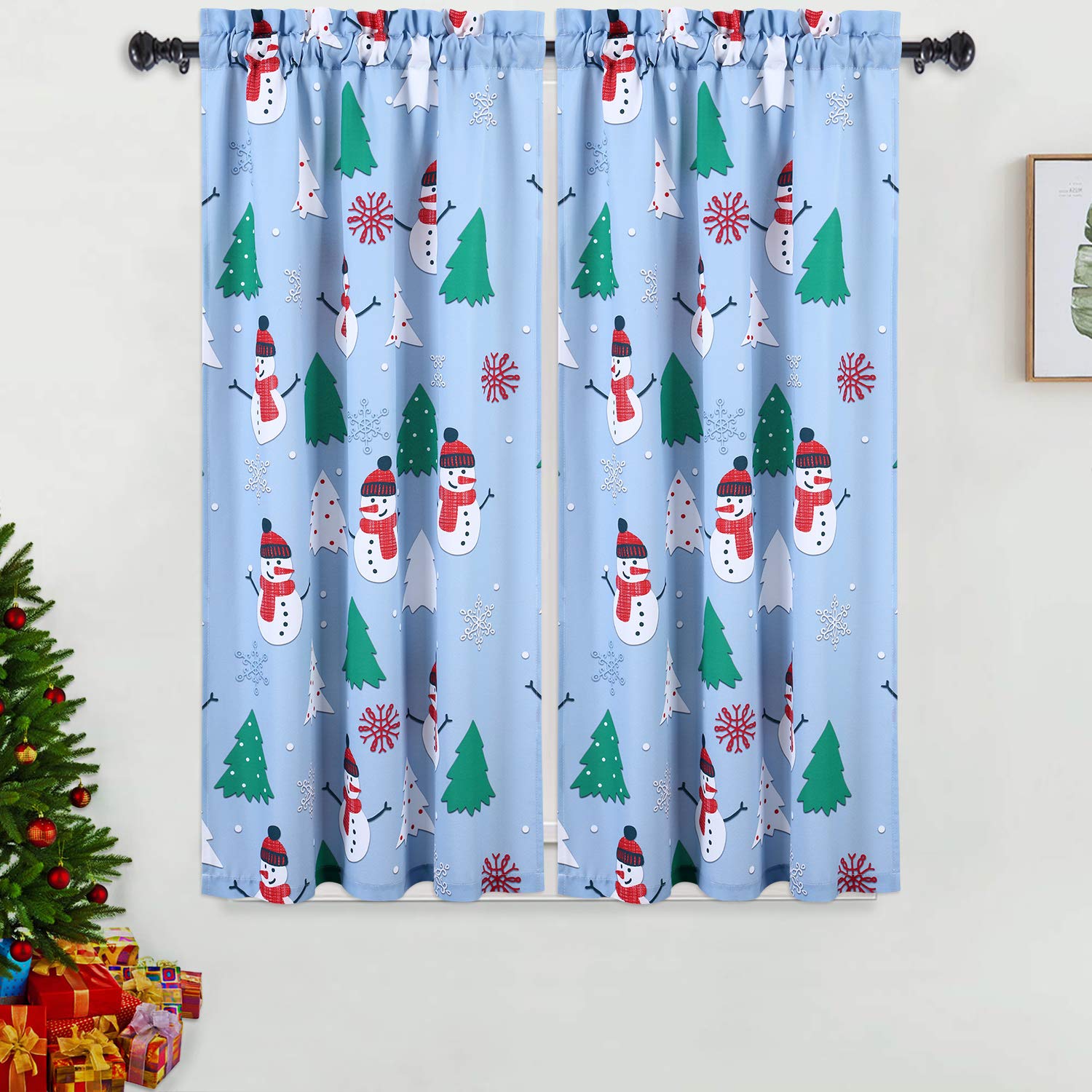 Garvee Kitchen Cafe Curtains, Christmas Snowman Pattern Short Bathroom Window Curtain, Xmas Tree and Snowflake Design Half Window Covering Tier Curtai