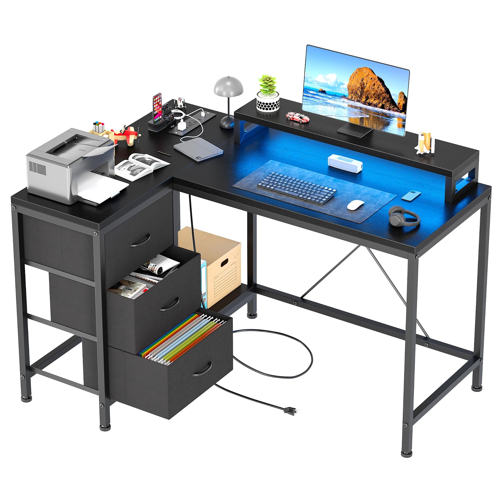 Garvee L Shaped Desk with Power Outlets & LED Lights, Computer Desk with Drawers & Shelves, Corner Desk Gaming Desk Home Office Desk, Black
