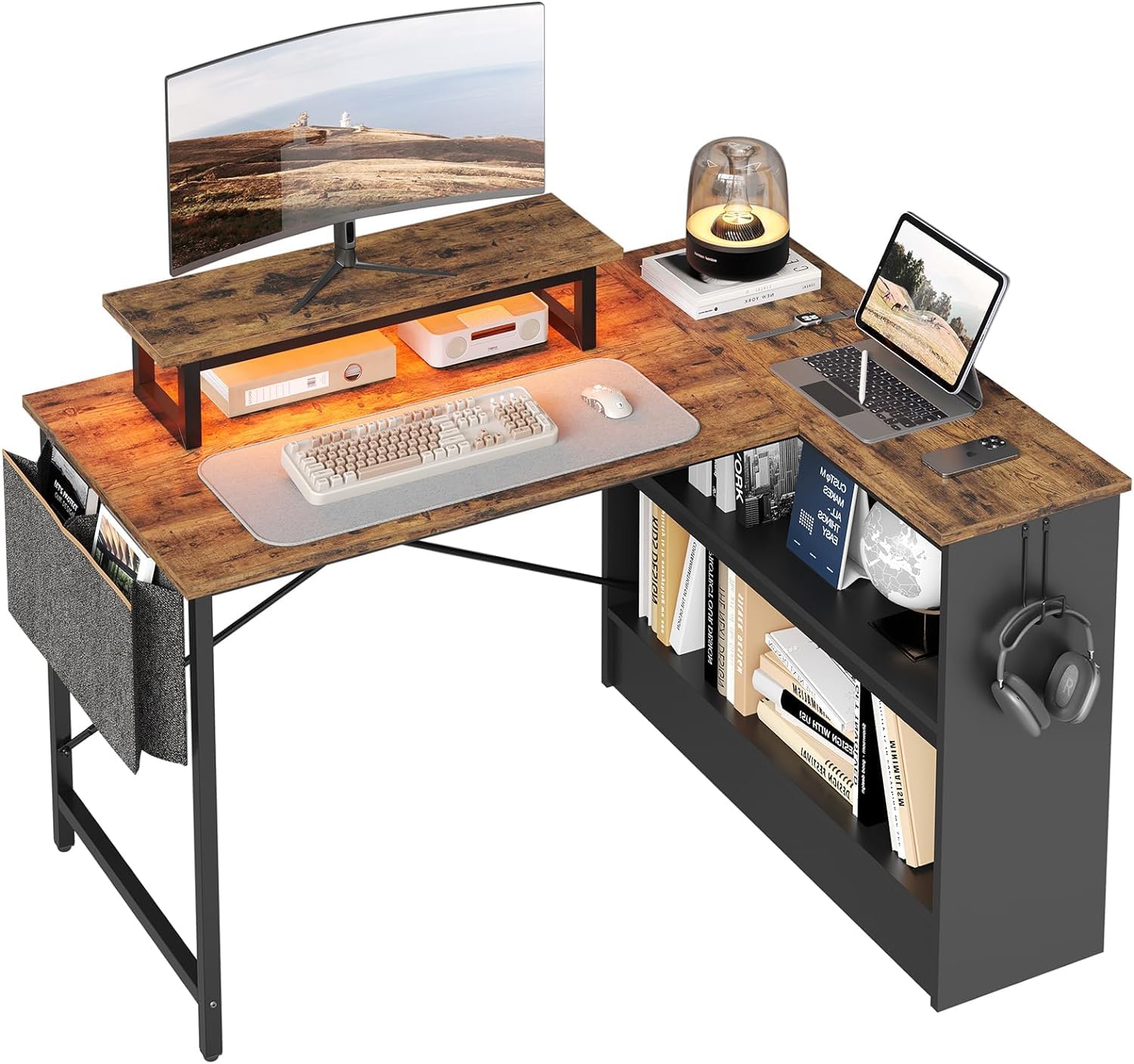 Bestier Small L Shaped Desk with LED Lights, 42 Reversible Computer Desk with Open Storage Cabinet & Monitor Stand, Corner Desk with Side Storage Bag