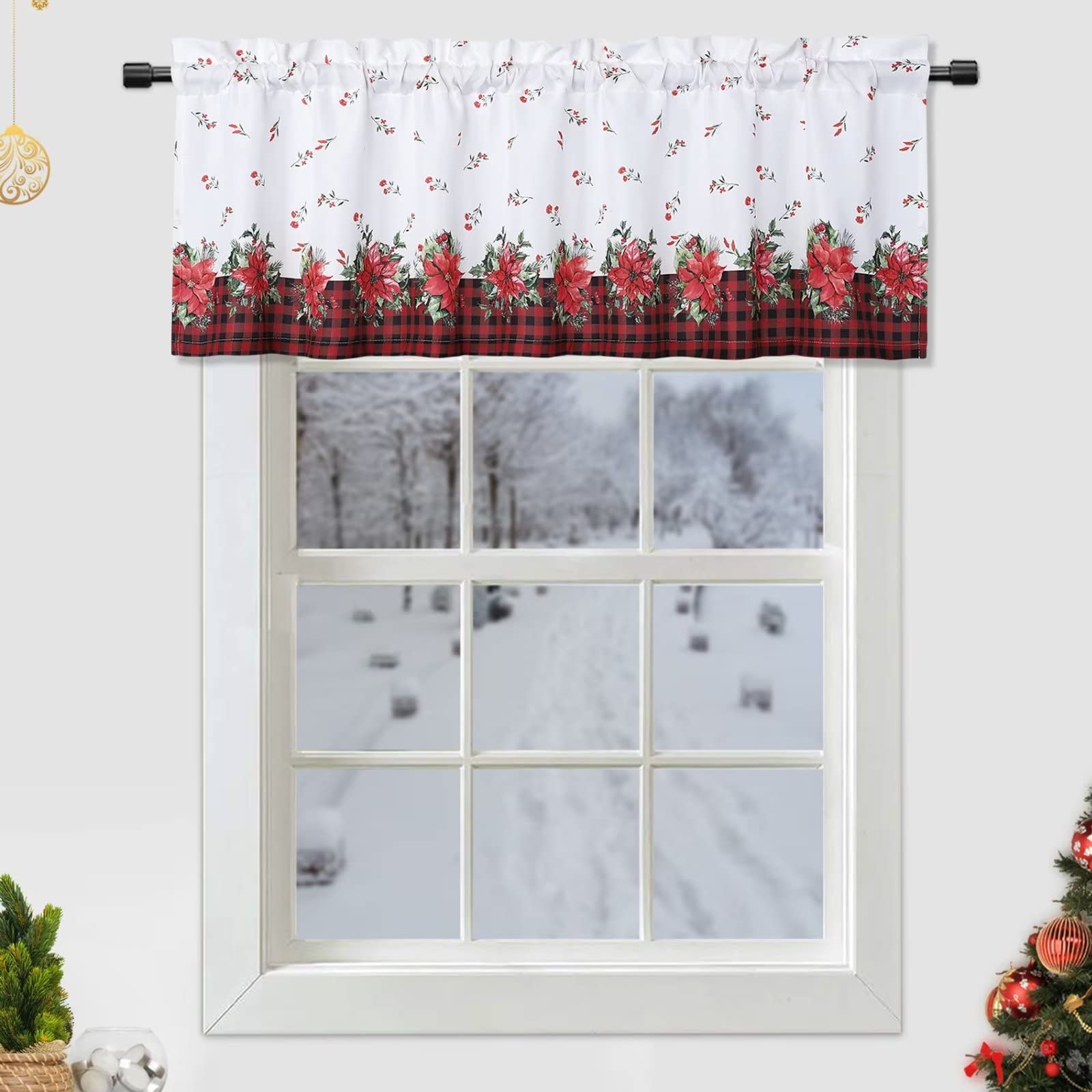 Garvee Christmas Valance for Windows, Red Canvas Short Curtains for Windows, Floral Decorative Cafe Curtains, Thermal Insulated Room Darkening Half Wi
