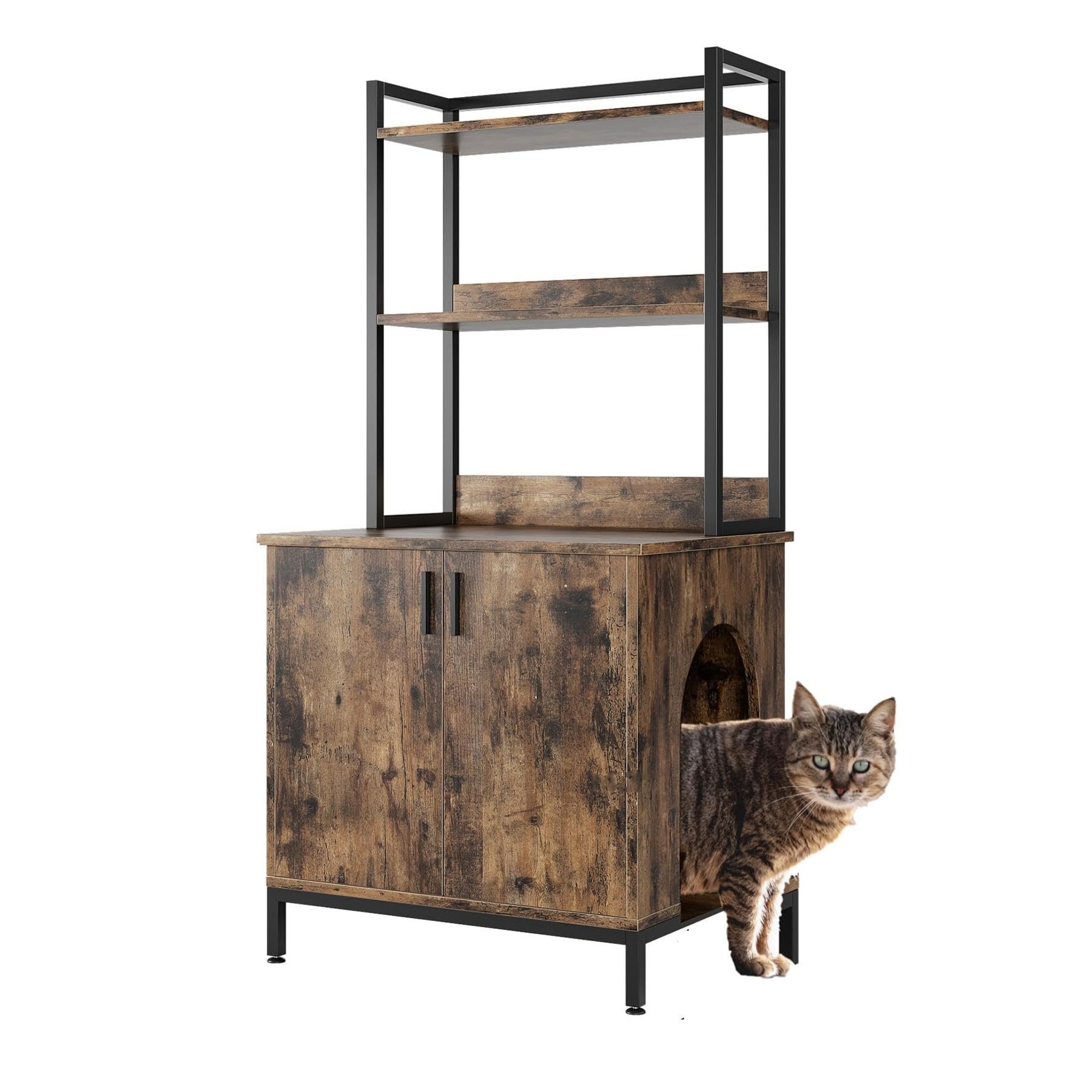 Garvee Litter Box Enclosure Cat Cabinet + Hidden Cat Litter Box + 2 Storage Shelves + Vintage Wood + Indoor Cat House + Rustic Brown