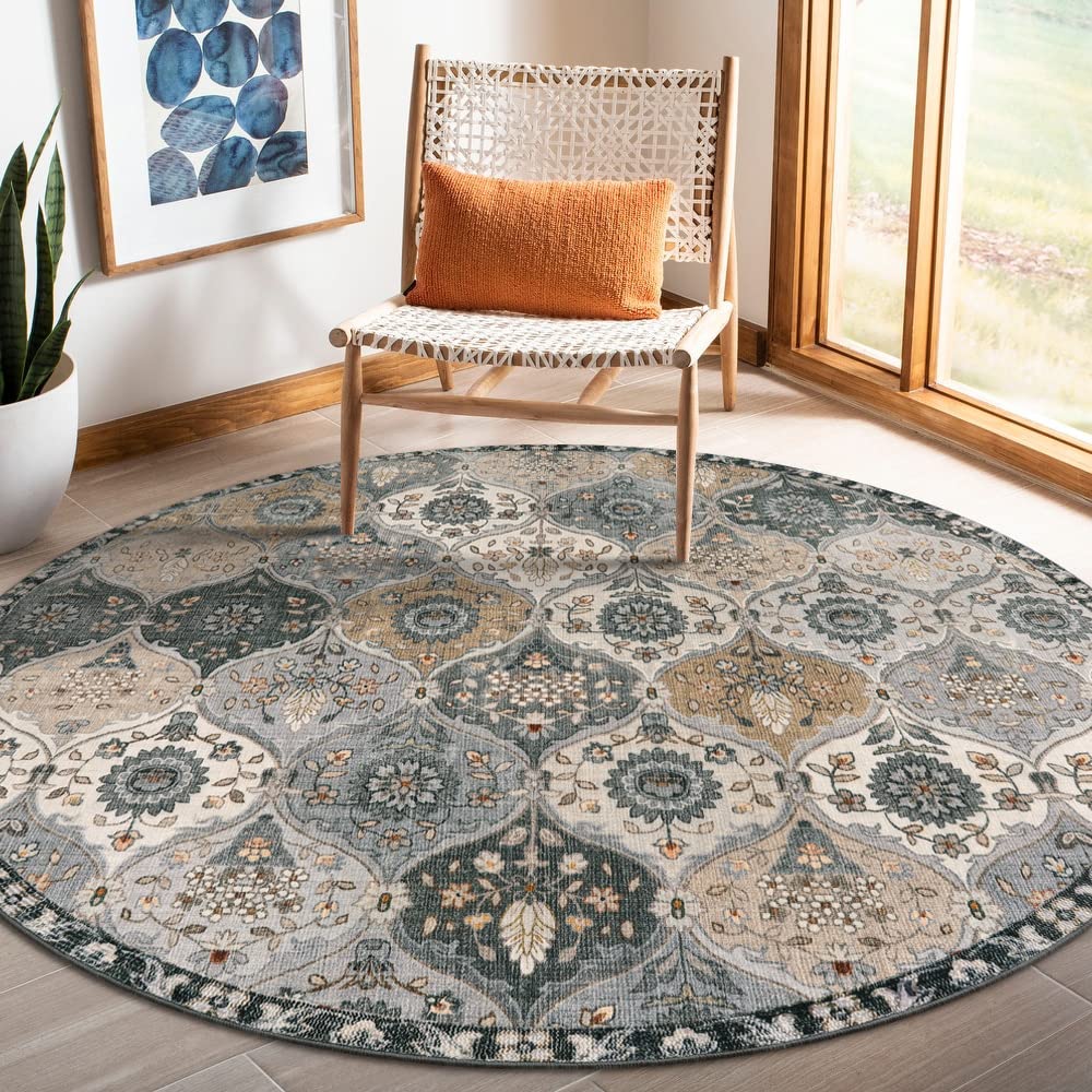 Lahome Moroccan Trellis Washable Round Area Rug, Soft Round Rugs 6ft Ultra-Thin Non-Slip, Vintage Large Circle Carpet for Bedroom Living Room Kitchen