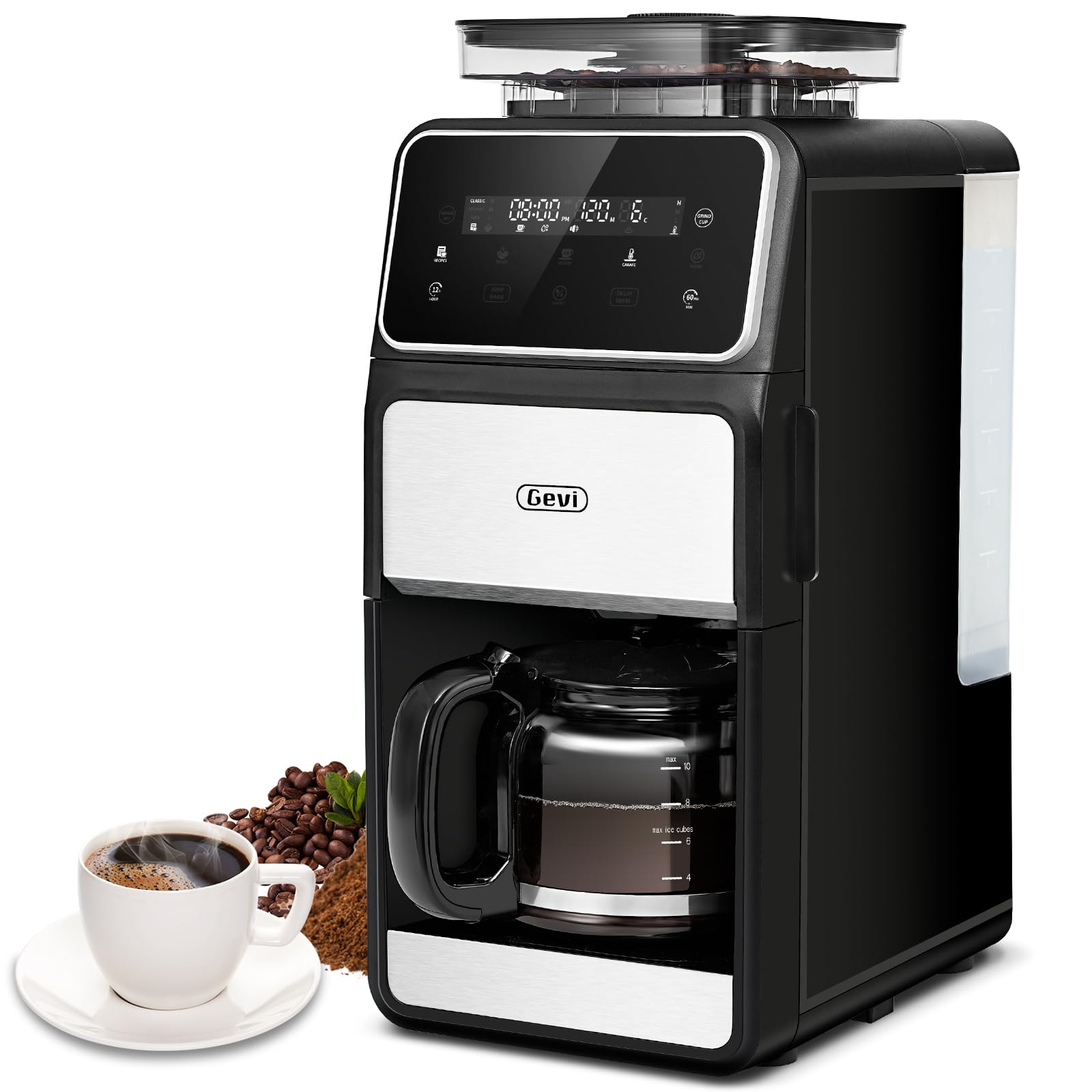 Gevi 10-Cup Grind & Brew Coffee Maker with Built-in Burr Grinder – Programmable Touch Screen, 4-Hour Keep Warm, Permanent Filter, Drip Coffee Machin
