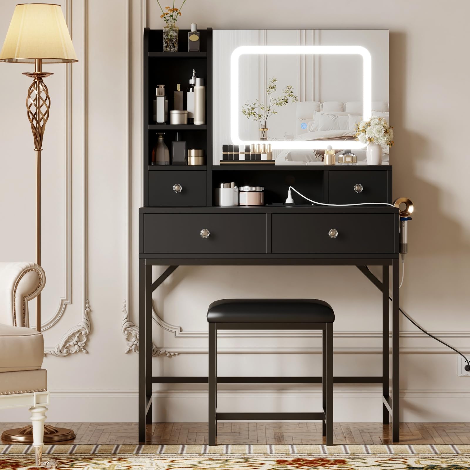 Garvee Makeup Vanity Desk with Mirror, Vanity Desk with Lights in 3 Colors, Girls Vanity Table with Charging Station, 4 Drawers, 6 Storage Shelves for