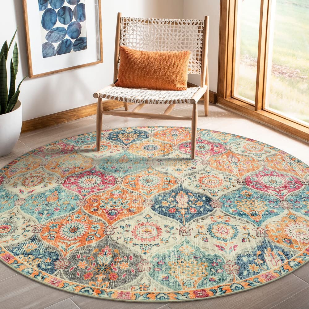 Lahome Moroccan Trellis Washable Round Area Rug, Round Rug 5ft Soft Non-Slip, Non-Shedding Distressed Circle Carpet for Bedroom Living Room Bathroom N