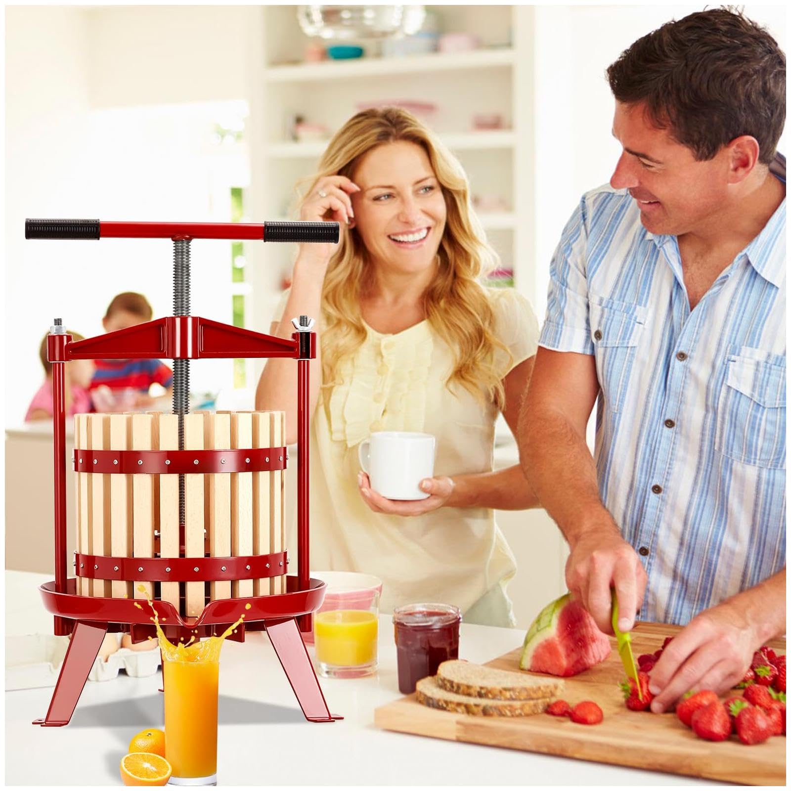 Garvee Fruit Wine Press 4.75 Gal-18L, Wood Steel Fruit Wine Press with 1 Pack Filter Bag, Traditional Juicer Manual T-Handle Fruit Press, Triangular S