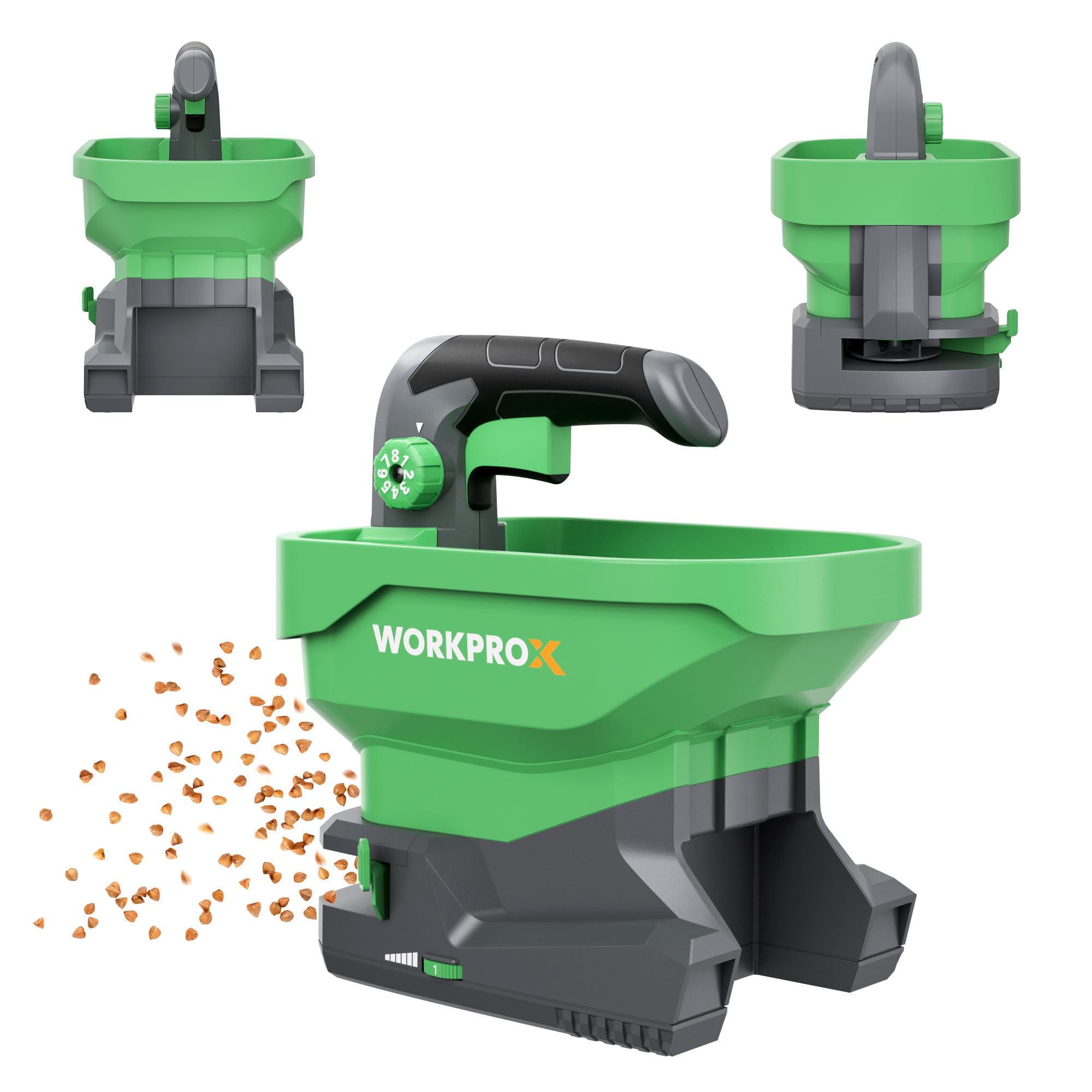 WORKPROX Battery Powered Fertilizer Spreader, 7.2V Seed Spreader for Salt, De-Icer, Earth Food, Rechargeable Grass Seed Spreader with 8-Level Settings