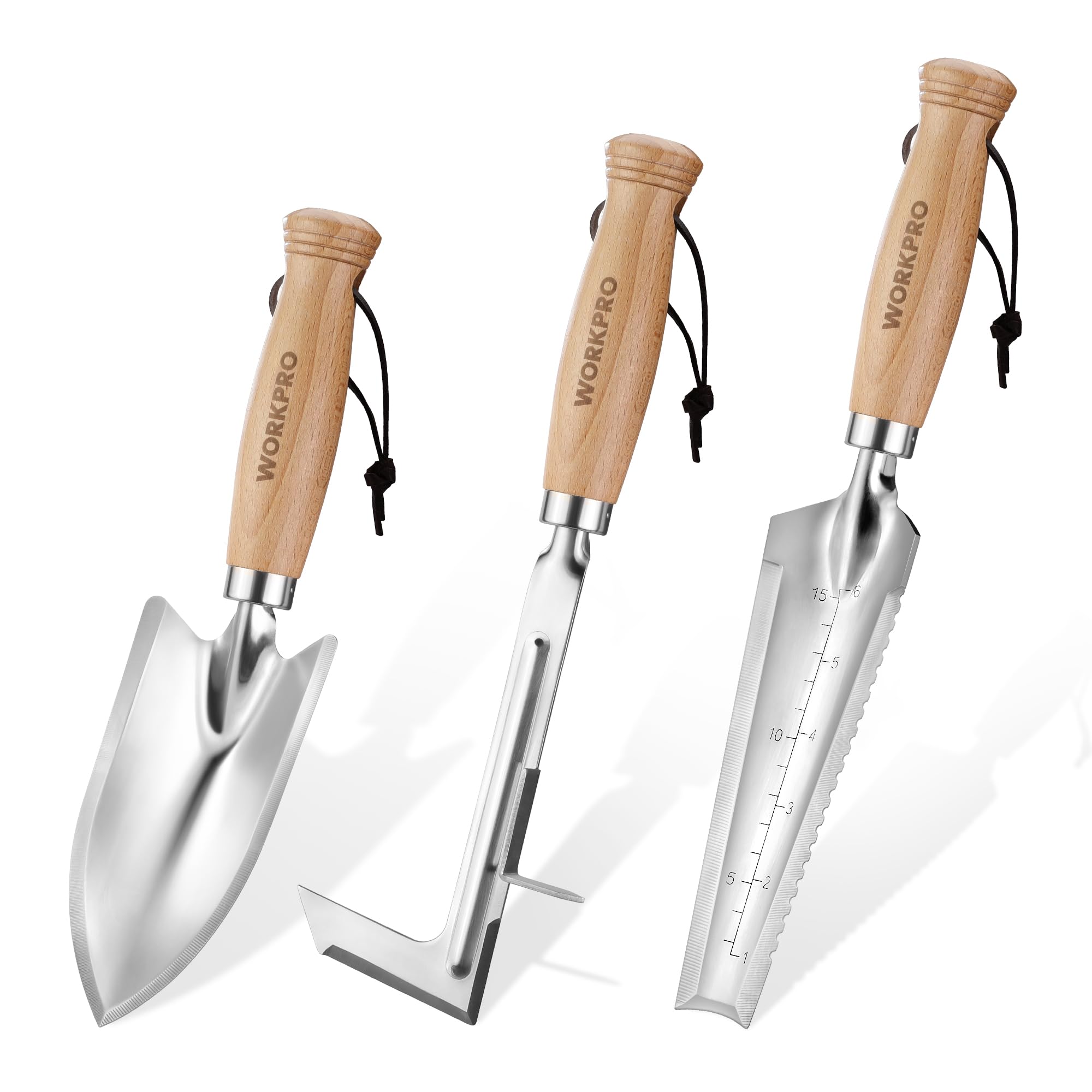 WORKPRO Garden Tool Set, 3 Pcs Gardening Hand Tools with Wood Handle, Weed Puller, Crack Weeder, Hand Trowel, for Planting, Digging, Weeding, Ideal Ga