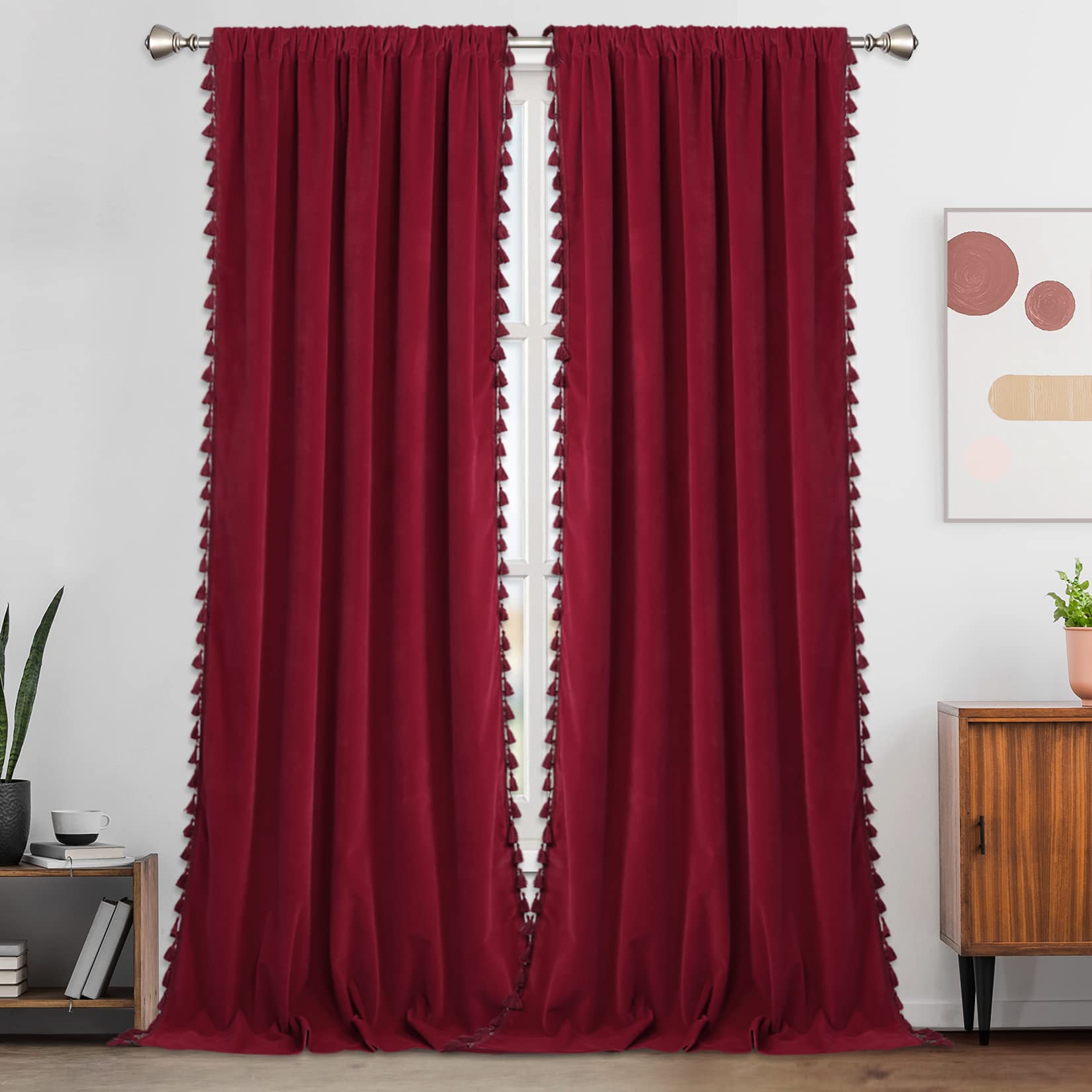 Garvee Soft Velvet Curtains 108 Inches Long Curtains Boho Velvet Panels with Tassel Luxury Velvet Living Room Window Curtains, 42"×108", 2 Panels, Bur