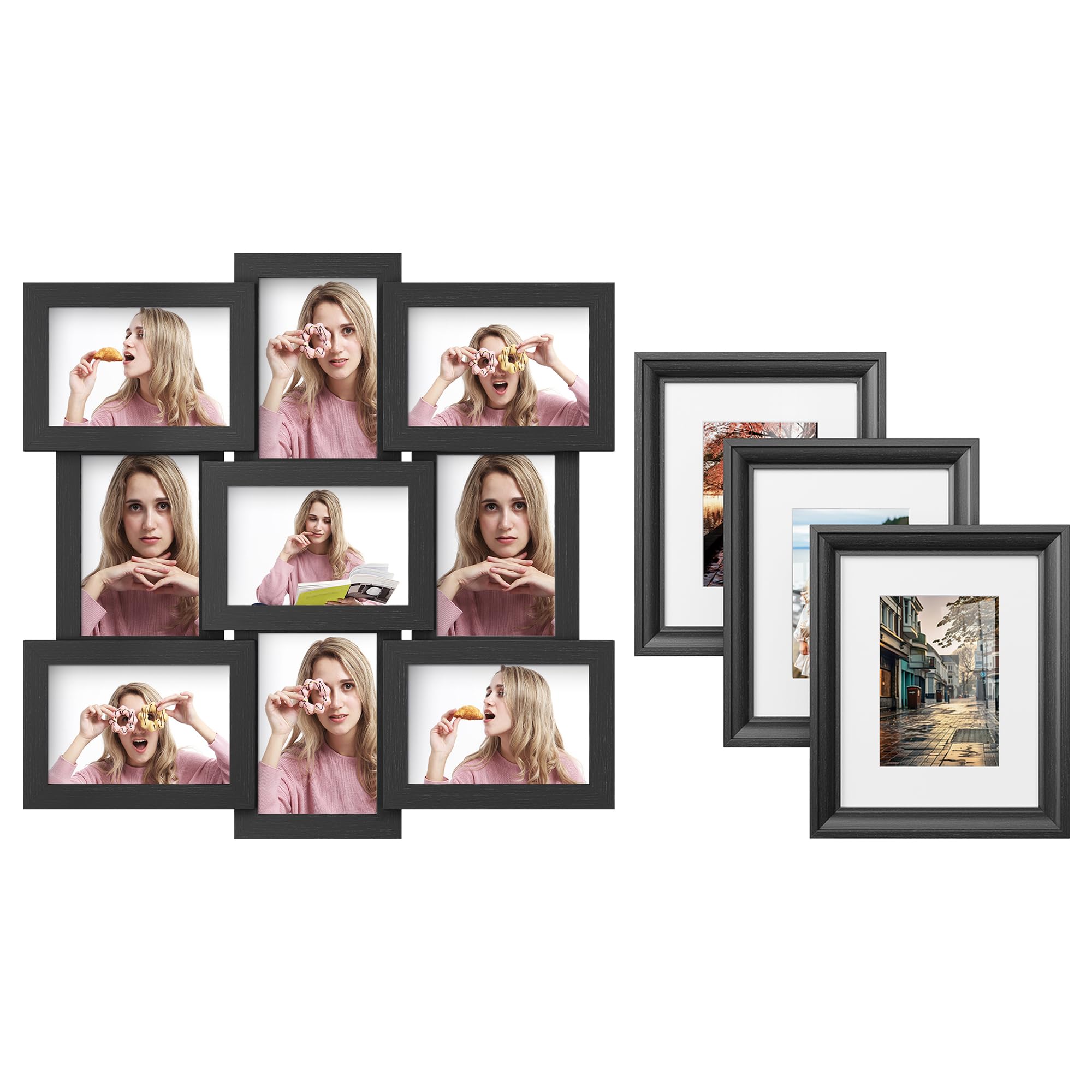 SONGMICS 2 Items Bundle - 4x6 Collage Picture Frames and Set of 10 Picture Frames with 16 Mats, Hanging or Tabletop Display, Glass Front, Ash Black an