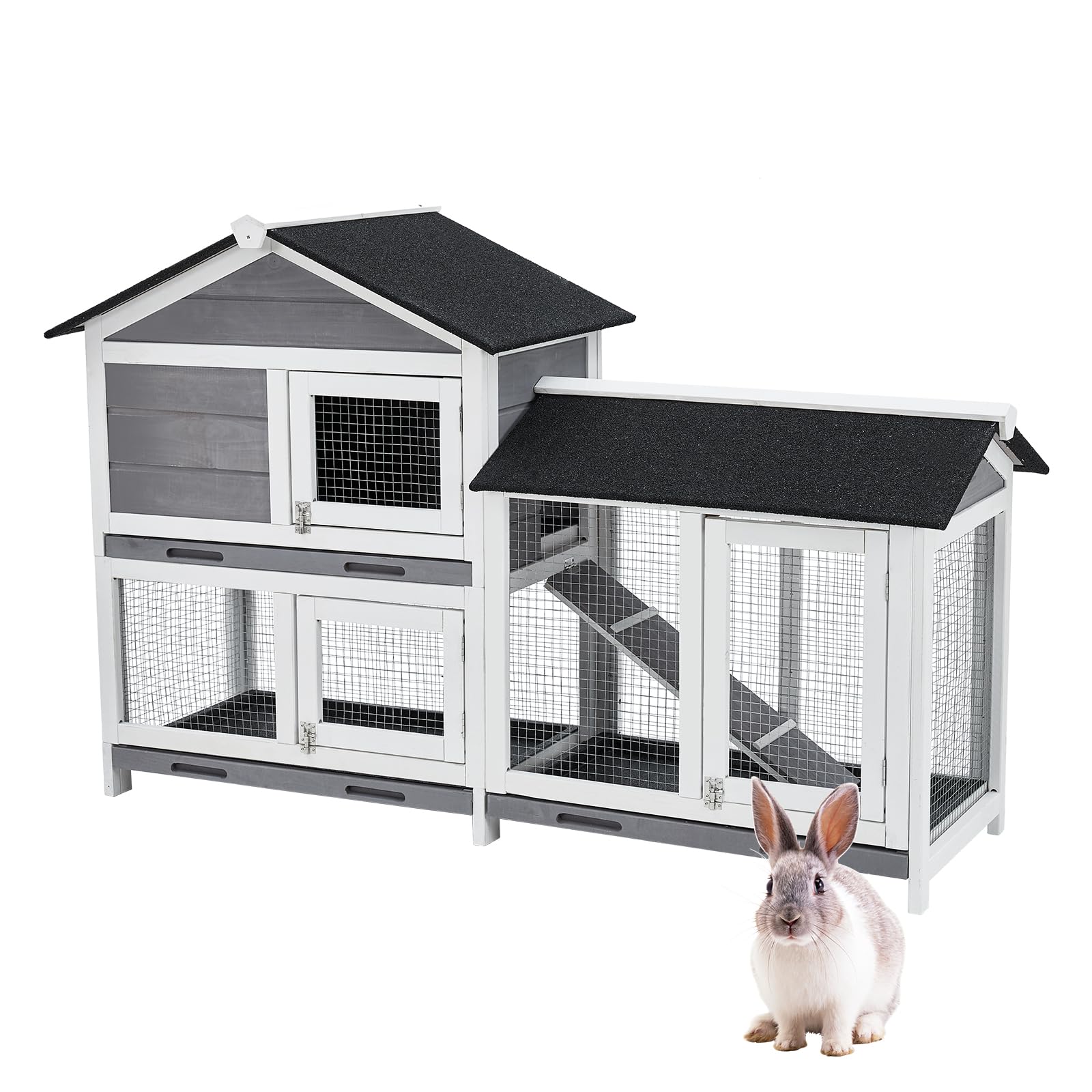 Garvee Gravee Two Floors 62" Wooden Outdoor Indoor Roof Waterproof Bunny Hutch Rabbit Cage Guinea Pig Coop PET House for Small to Medium Animals with 