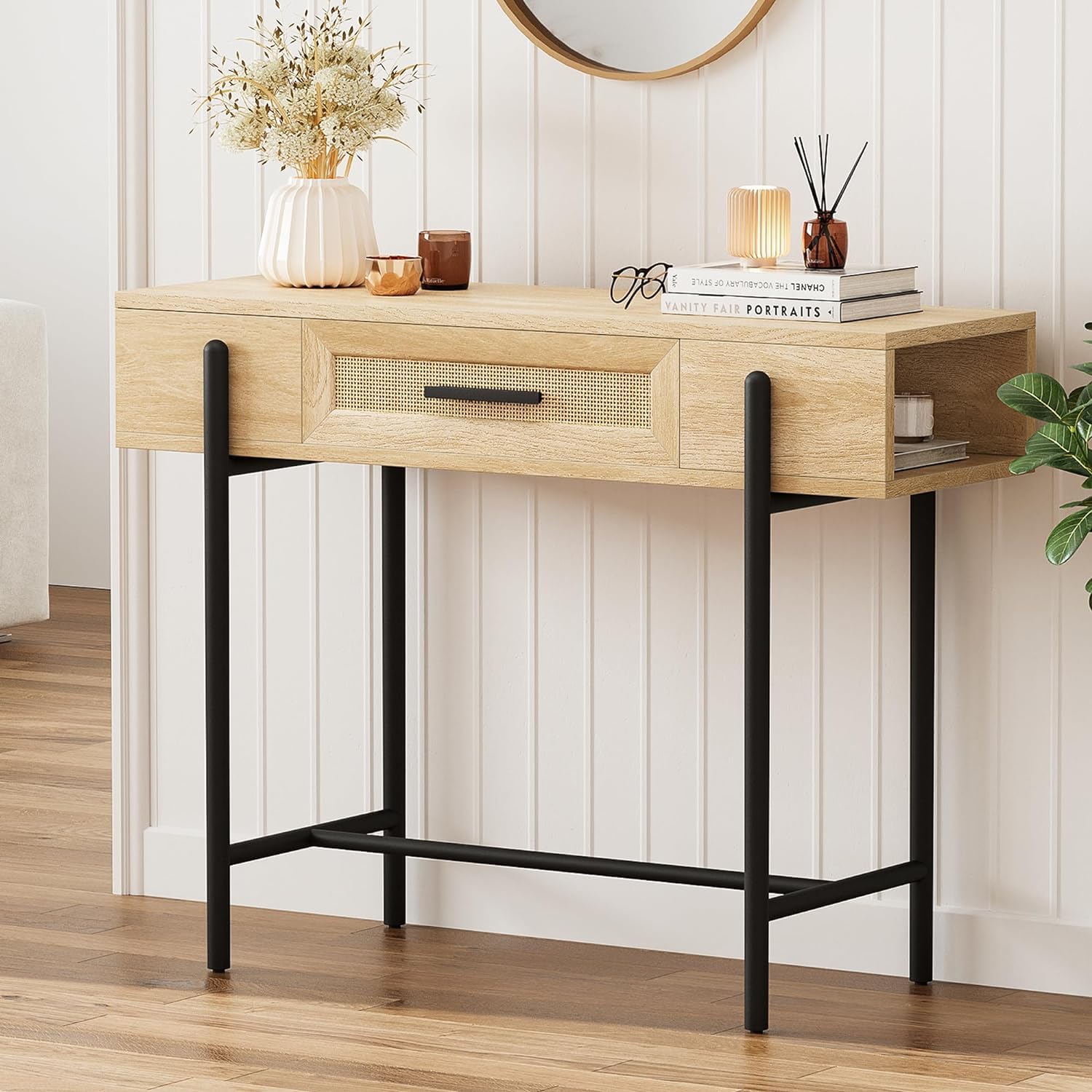 Garvee Rattan Console Table, Wood Grain Finish + Nature Rattan, Drawer + Storage, MDF + Metal, 40” Narrow Entryway, Living Room
