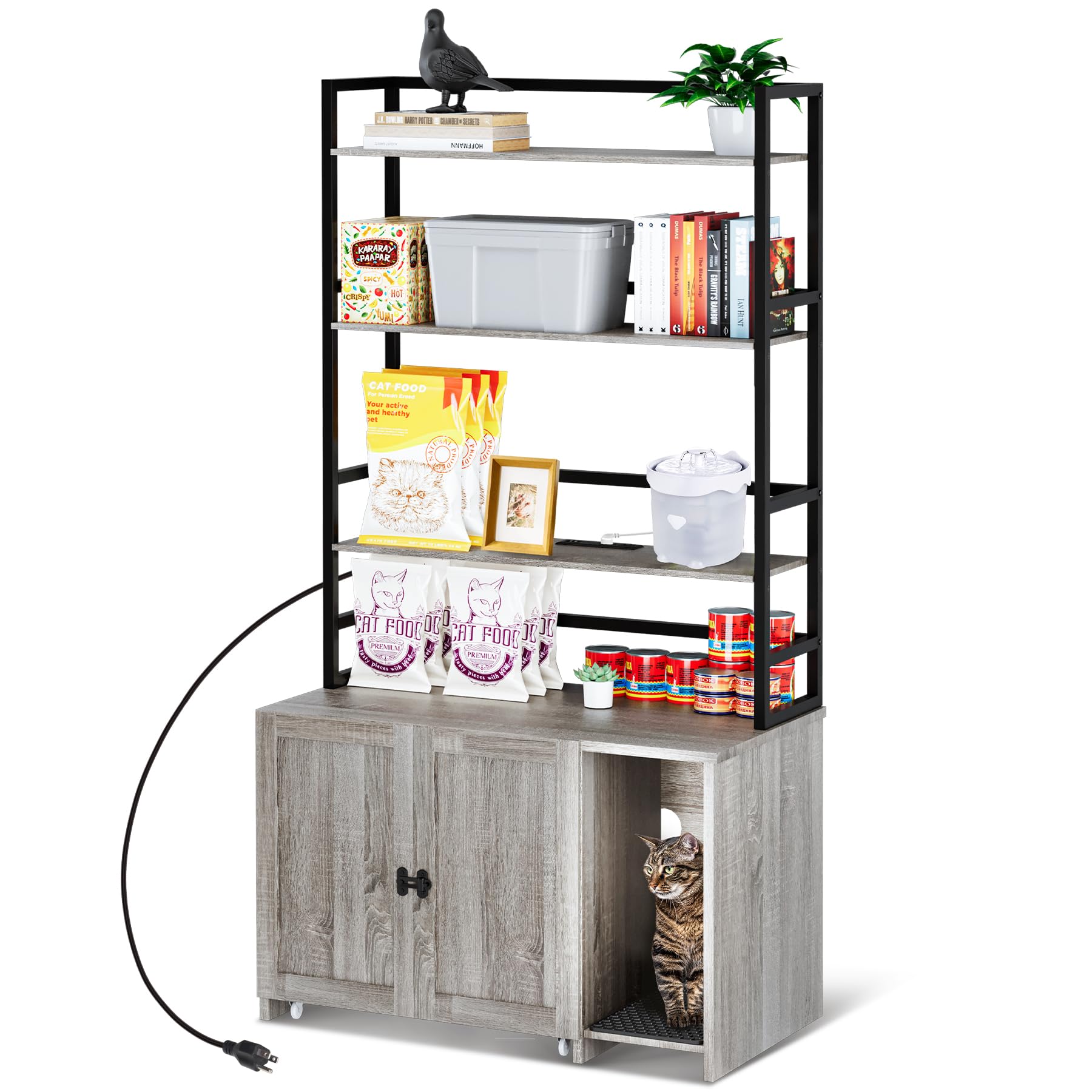 Garvee Cat Litter Box Enclosure, Hidden Cat Litter Box Furniture, Large Double Door Cat House with 3 Shelves and Charging Station, Push-Pull Mobile Ch