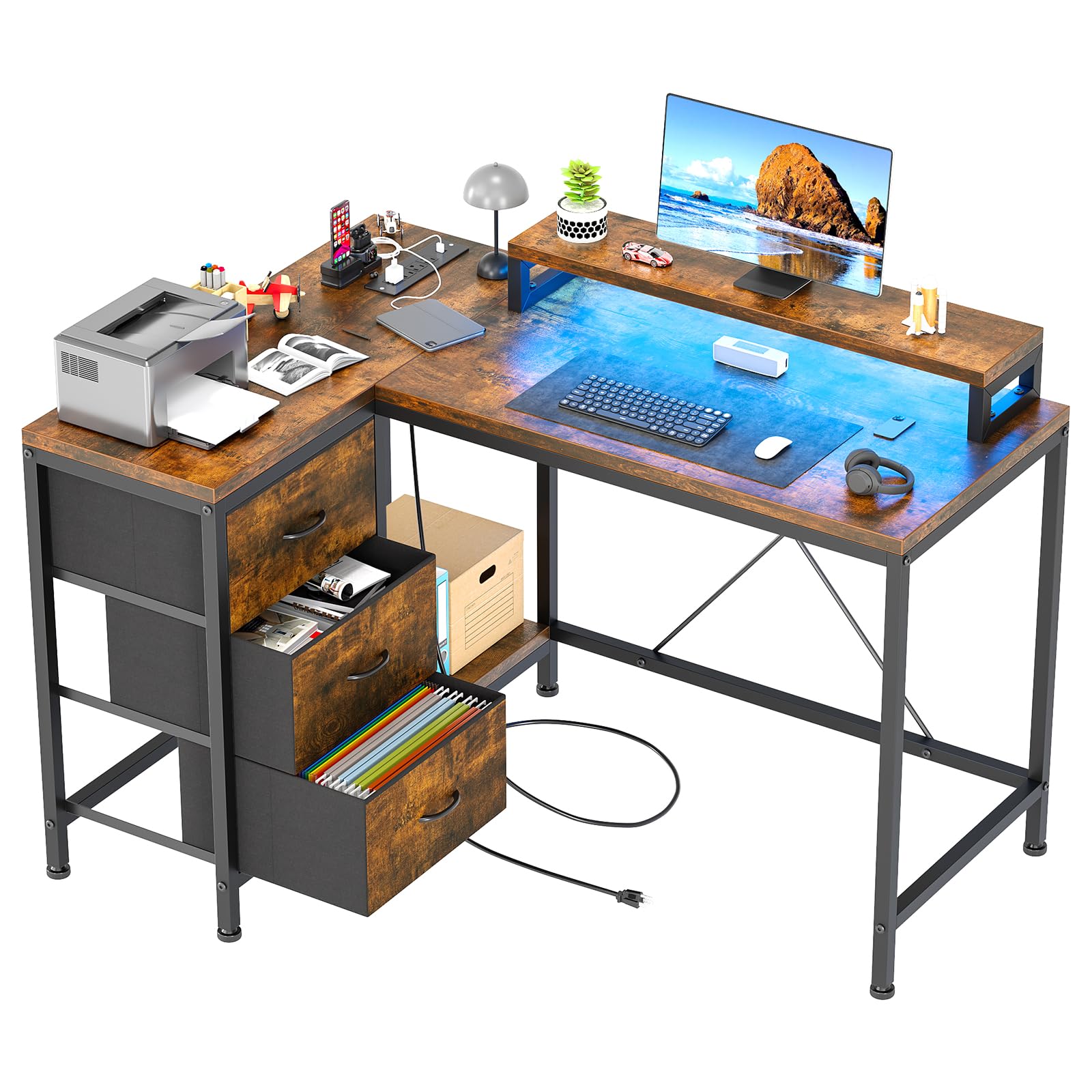 Garvee L Shaped Desk with Power Outlets & LED Lights, Computer Desk with Drawers & Shelves, Corner Desk Gaming Desk Home Office Desk, Rustic Brown