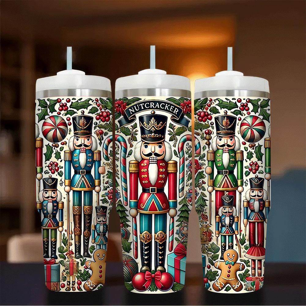 TEMU 1pc 30oz Nutcracker & Soldier Insulated Stainless Steel Tumbler With Straw, 304 Car Cup Holder Compatible Travel Mug For Hot And Cold Beverages,