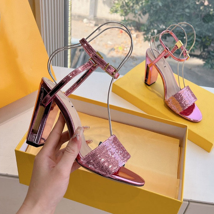 Brand New Fashion High Heel Sandals Luxury Designer F Letter Hollow Block Heel Sandals Classic Open Toe dress Sandals Fashion Party Evening Dress Sh