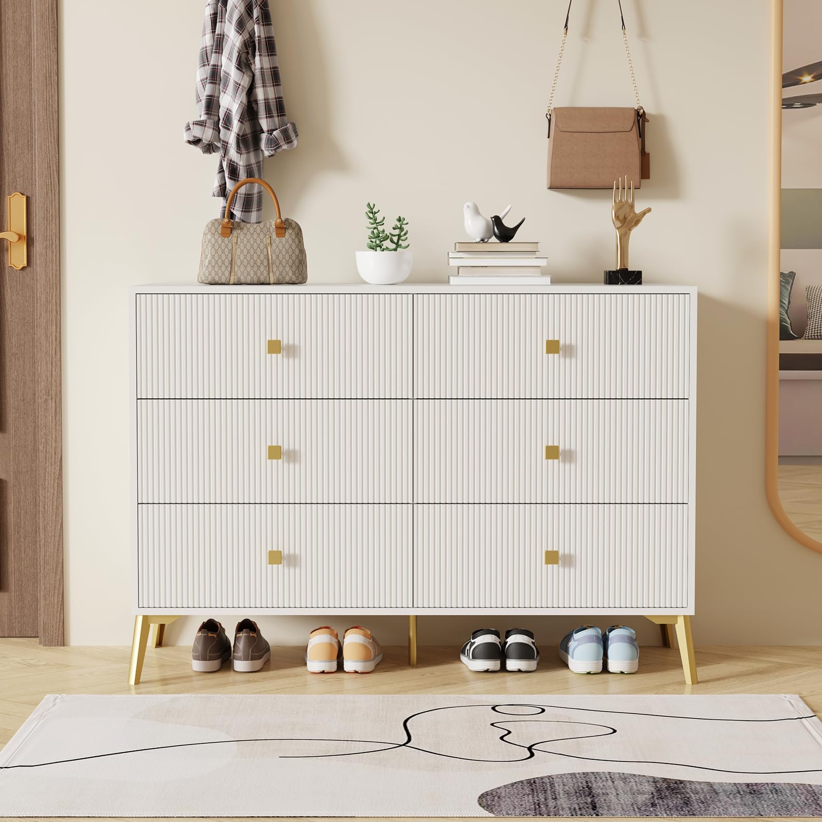 Garvee 6 Drawer Dresser for Bedroom,Modern Bedroom Dresser,Fluted White and Gold Dresser with Curved Profile Design,Wood Storage Dressers & Chests of 