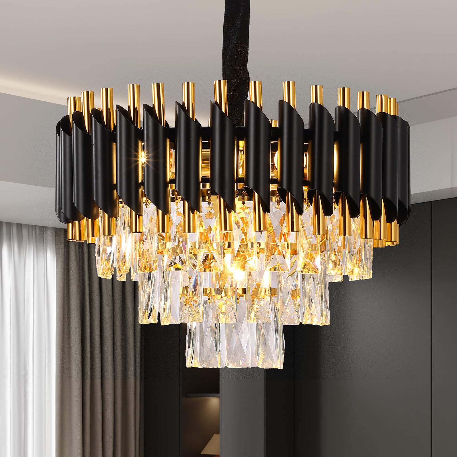 Garvee Modern Crystal Chandeliers 3 Tiers Black and Gold Pendant Light Fixtures, 5 Lights Black Modern Chandeliers for Living Room Dining Room Bedroom
