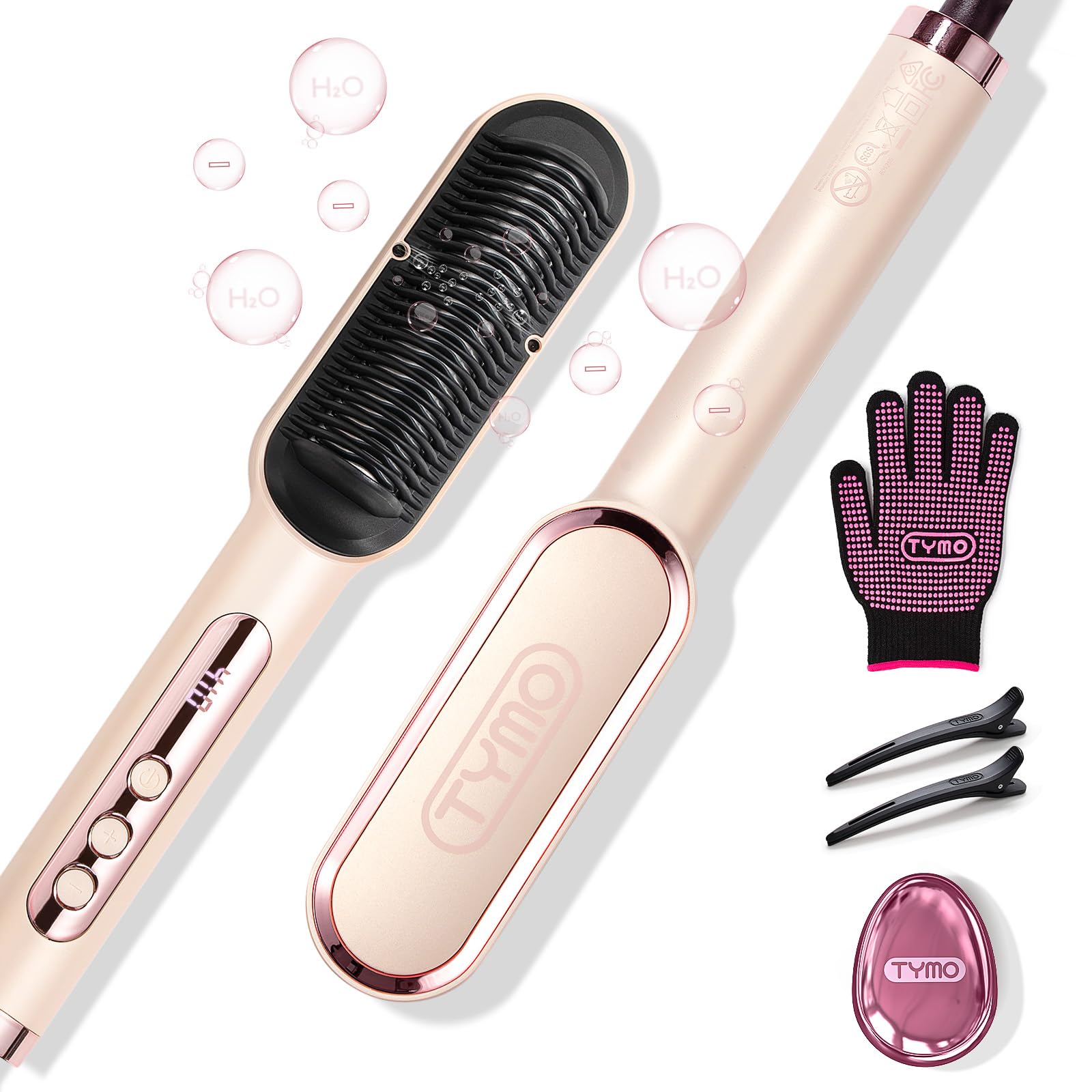 TYMO Ring Plus Ionic Hair Straightener Brush - Straightening Comb with Negative Ions for Women, Titanium Coating, 9 Temp Settings & LED Display, Dual