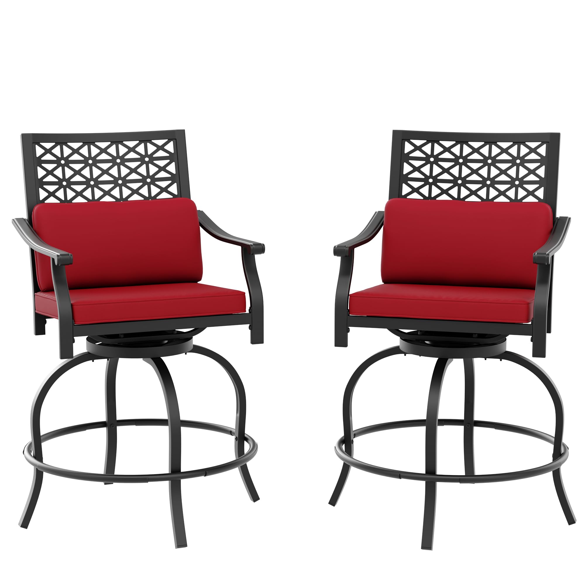 Garvee Outdoor Swivel Bar Stools Set of 2 – Bar Height Patio Chairs with Red Cushions, Armrests & Back, Tall Counter Chairs for Backyard