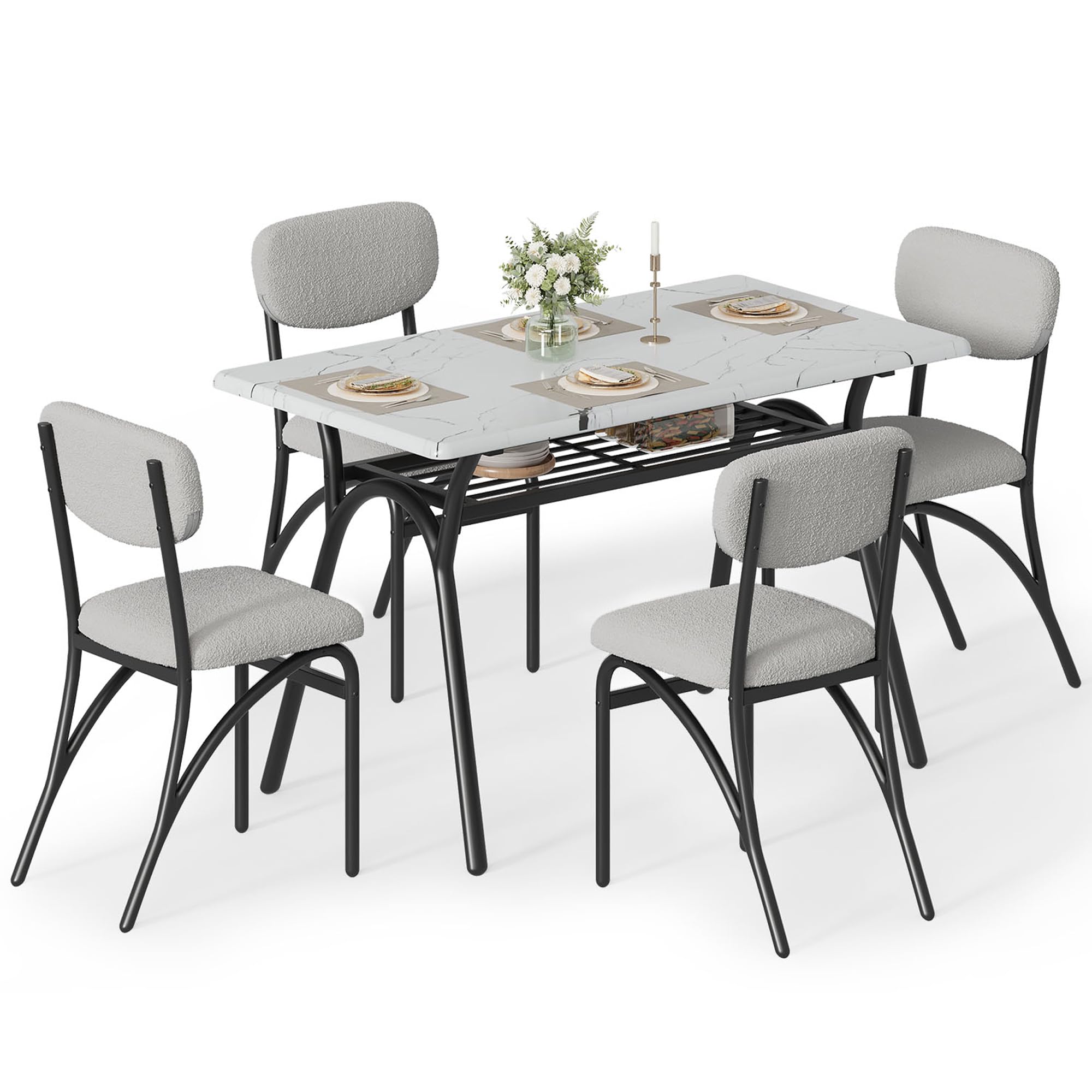 Garvee Dining Table Set for 4, Kitchen Table with Boucle Chairs for 4, Modern Rectangular Dining Table with Storage Rack for Small Space, Grey & Marbl