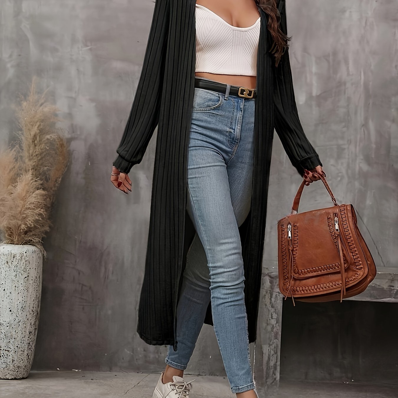 TEMU Women's Elegant Polyester Knit Long Cardigan With Pockets, 95% Polyester 5% Spandex, Crew Neck, Solid Color, Regular Sleeve, Long Length - All