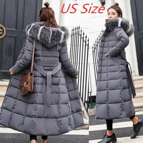 Fashion Women Winter Warm Bow Belt Fox Fur Collar Long Down Coat Outside Dress Thick Jacket 241116