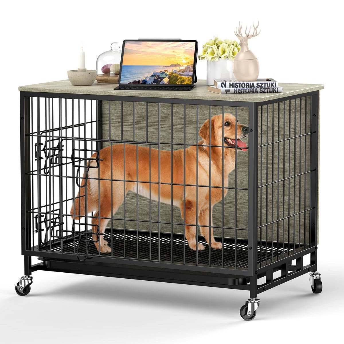 Garvee Dog Crate Furniture, Deluxe Wooden Dog Kennel with Removable Tray and Wheels, Heavy-Duty Double-Doors 38.6" Dog Cage End Table, Indoor Dog Hous