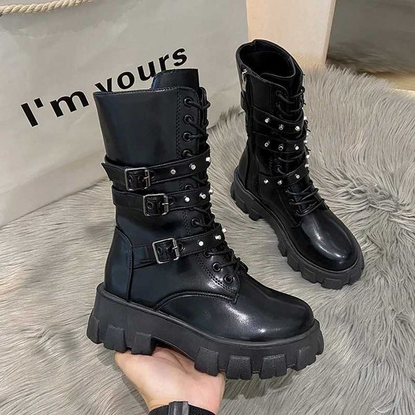 WOMEN ANKLE BOOTS Goth Boots Woman Winter 2023 Platform Shoes Sneakers Studded Belt Buckle Punk Army Chunky Heels Mid Calf BootsXJ250115