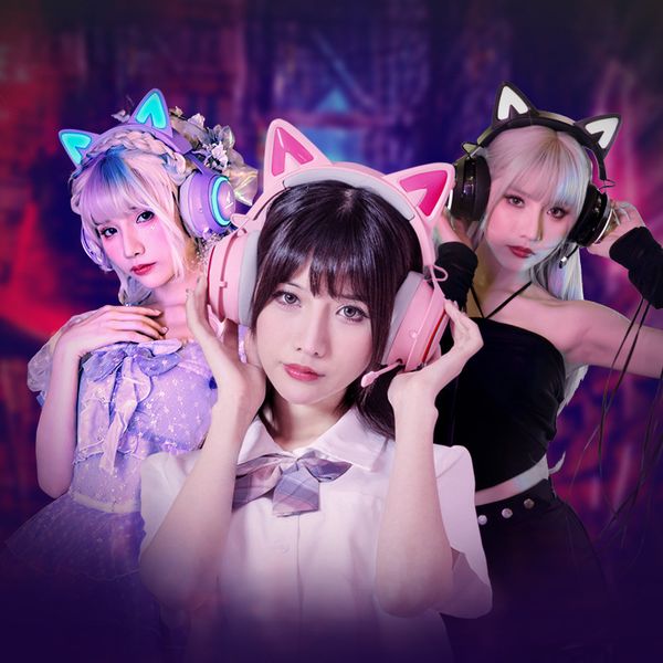 Headphones Touch light effect wired game cat ear headset with microphone wired-2.4G wireless computer game live girl headset