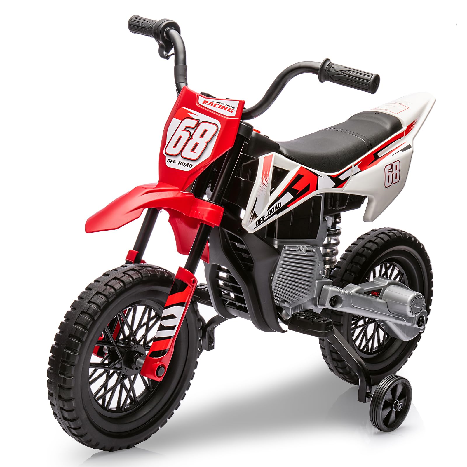 Garvee 12V Kids Electric Dirt Bike, 25W*2 Motor, Twist Grip Throttle, Spring Suspension, Training Wheels, Ride-On Toy - Red