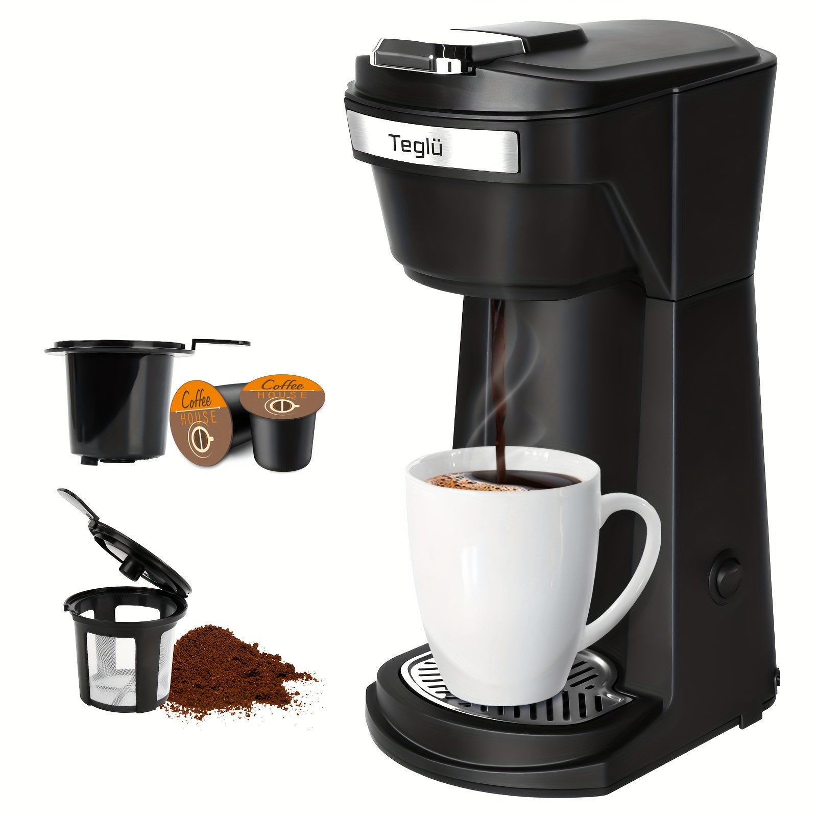 TEMU Single Coffee Maker 2in 1 Cup Pods & Ground Coffee 3 Color 6-14oz Drip Coffee Machine