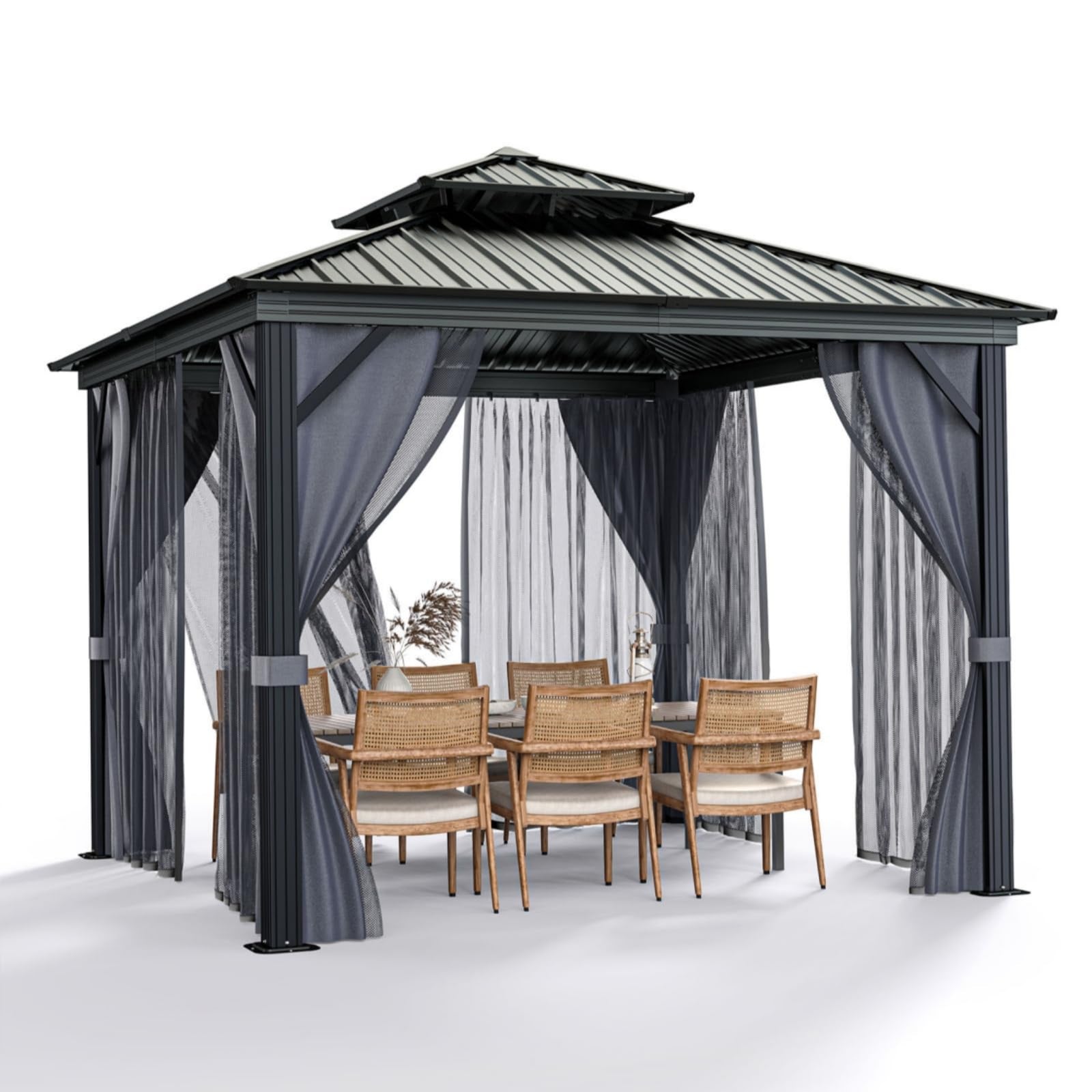 Garvee 12x12 Hardtop Gazebo - Steel-Aluminum Frame, Double Roof w- Netting & Curtains for Outdoor Living (Grey)