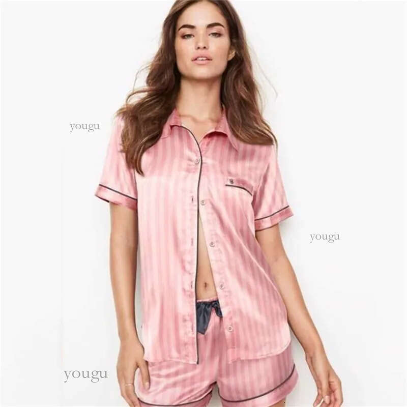 Satin Pajamas for Women Summer Short Pijama Sleepwear Striped Silk Ladies Pyjamas Pjs Night Wear Loungewear Home Suits 210330