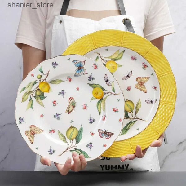 Dishes Plates European lemon pattern ceramic plate steak bowl fruit candy Dim sum plate L240910
