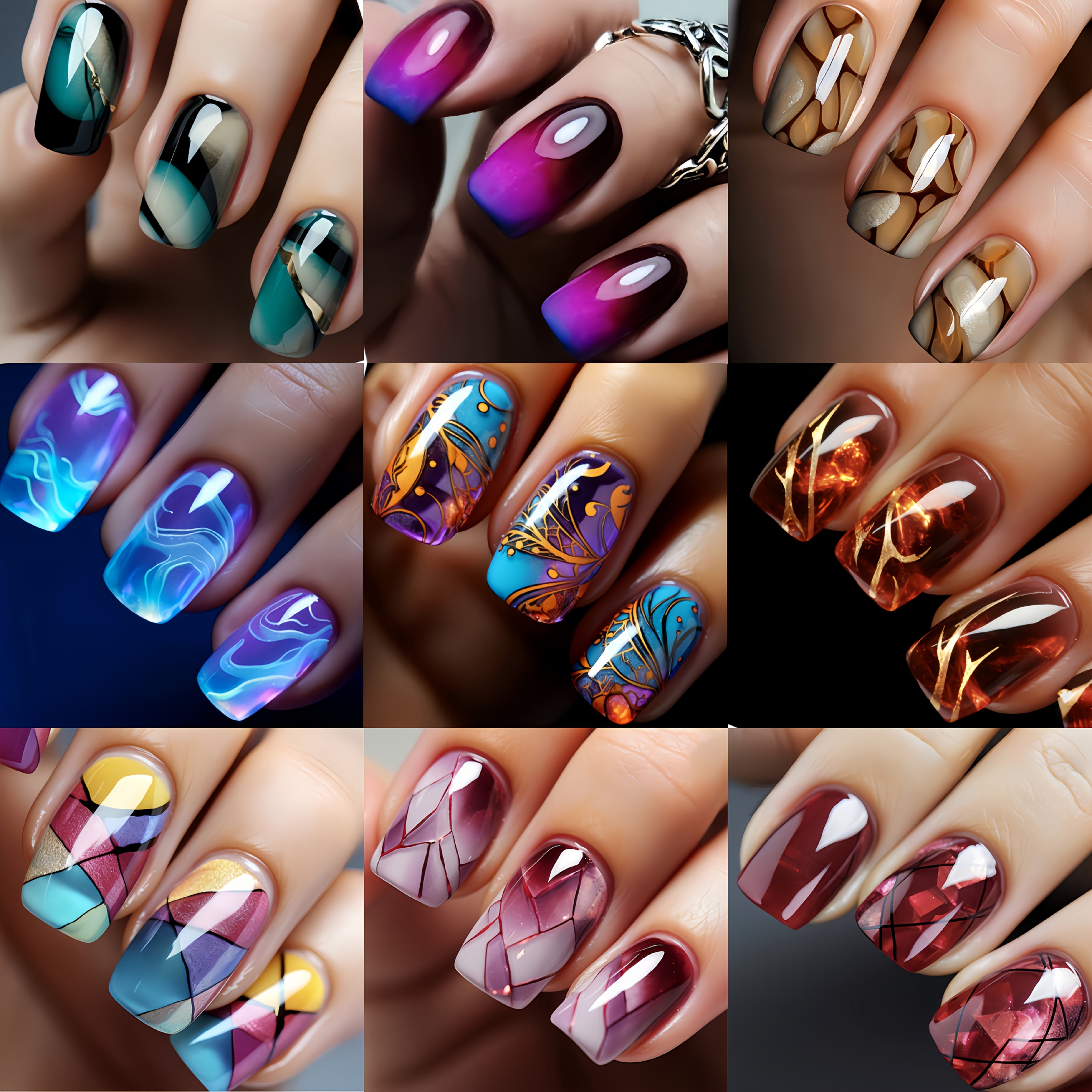 TEMU 216pcs Press-on Nail Set - Medium Square, Glossy Finish With Striped & In Brown, Blue, Purple - Reusable Fake Nails For Chic Manicure