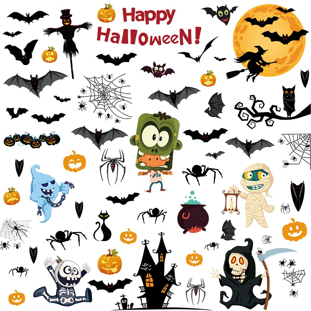 Garvee Halloween Window Clings,163pcs Static Pumpkin Window Stickers Cute Halloween Decorations for Kids，Spider Bat Ghost Witch Window Decals for Hall