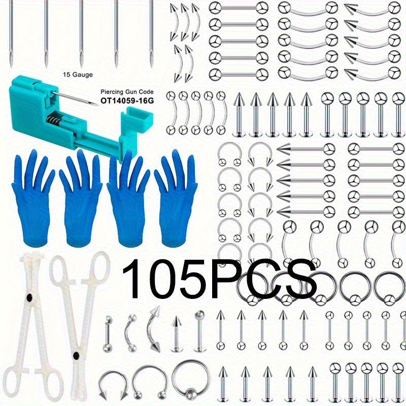 TEMU Mixed Piercing Kit With Tool, Pliers, Needles, Stainless Steel Cubic Synthetic Zirconia Studs & Hoops Set, Eyebrow Nail, Nose Ring, Nose Nail,