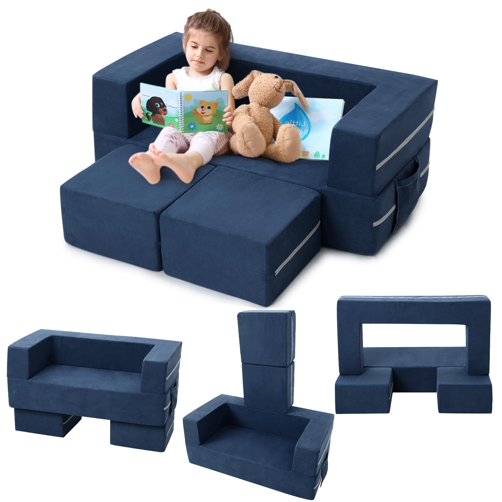 Garvee Kids Play Couch, 3Pcs Modular Kids Couch Toddler Couch for Playroom Bedroom Furniture, Convertible Foam Kids Play Sofa with Removable Cover, Na