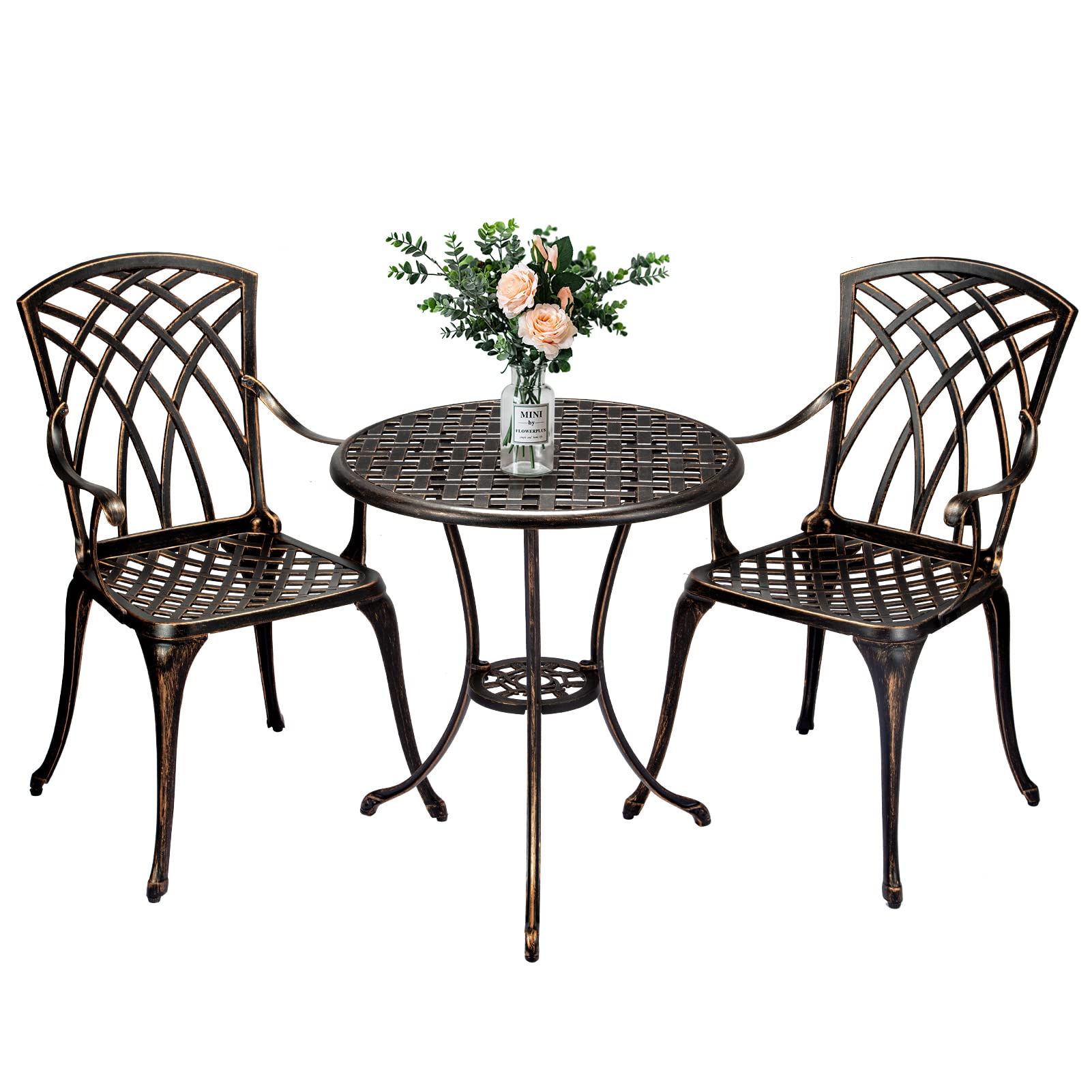 Garvee 3-Piece Patio Bistro Set with Umbrella Hole - Cast Aluminum Table & Chairs, Bronze Bistro Set for Backyard, Garden, Balcony, Patio