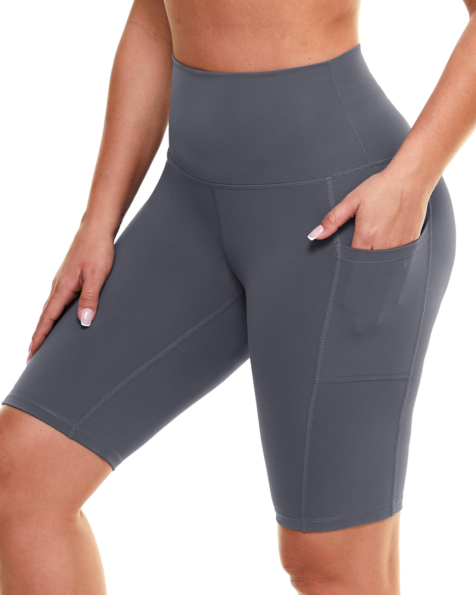 GAYHAY Biker Shorts for Women with Pockets - 8"-5"-3" Booty High Waisted Black Spandex Volleyball Short for Workout Yoga 8 IN Large-X-Large Dark Grey